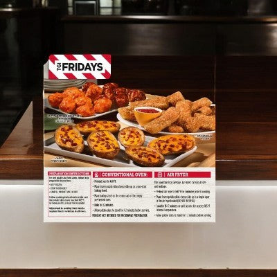 A TGIF Fridays menu featuring buffalo wings, mozzarella sticks, and TGIF Loaded Cheddar & Bacon Potato Skins Value Size Frozen Snacks with cooking instructions.