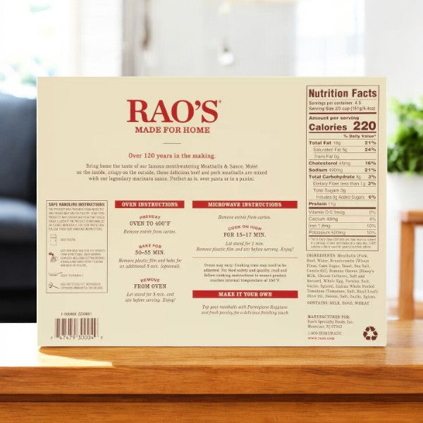 Back of Rao's Made For Home Family Size Frozen Meatballs and Sauce - 24 oz- 1 Box packaging showing cooking instructions, nutrition facts, and a brief company history under the Easy Lunches brand.