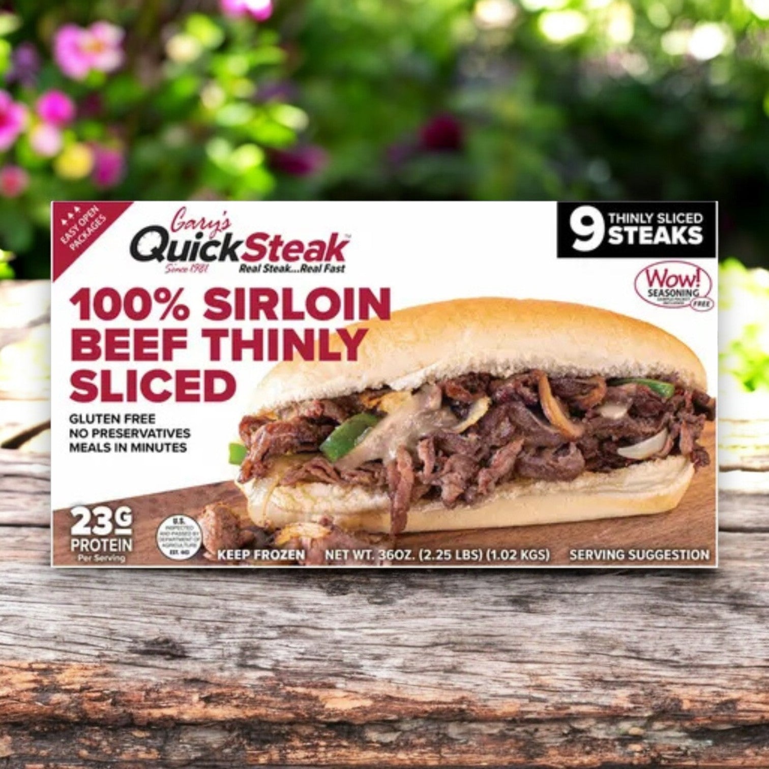 The 36 oz box of Gary's Quick Steak showcases a sub sandwich with premium thinly sliced sirloin beef, onions, and peppers. It's gluten-free, offers 23g protein, and contains no preservatives for a quick and easy meal solution.