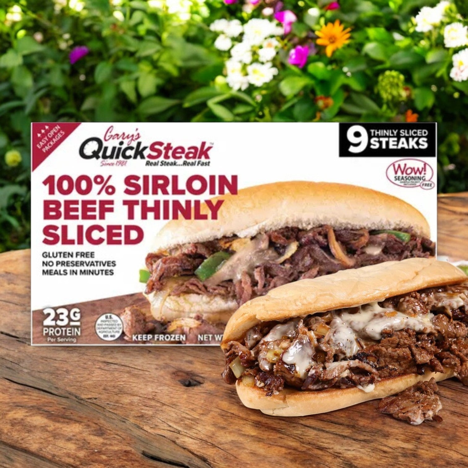 Gary's Quick Steak, 36 oz by Gary's, features premium-quality 100% sirloin beef. The packaging includes a cooked steak sandwich highlighting 23g of protein and a gluten-free label, set against greenery and wood to emphasize the meal's quick and easy preparation.