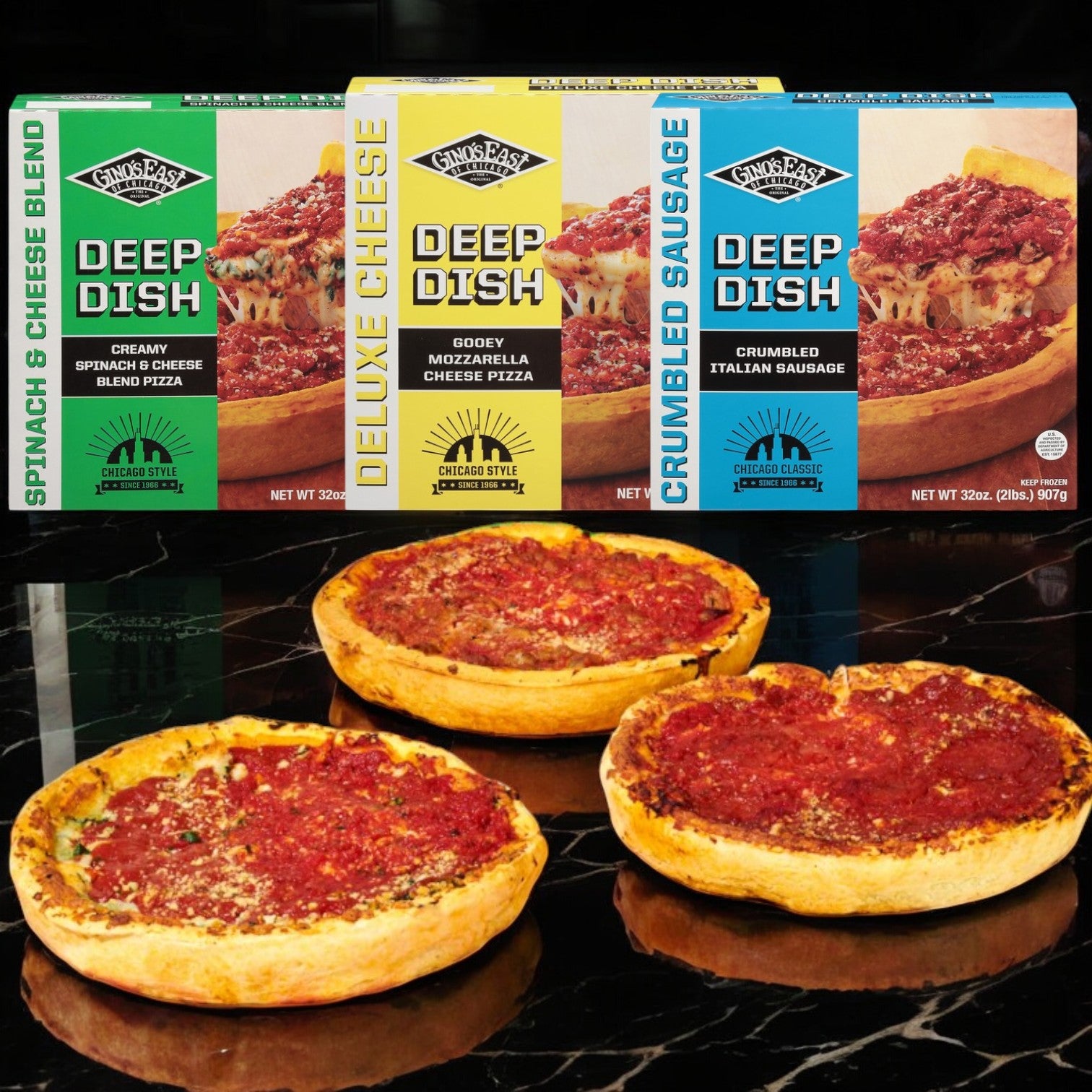 Three pizzas from the Gino’s East Pizza Bundle are displayed in front of their packaging, featuring flavors such as spinach and cheese, deluxe cheese, and sausage. Each Gino's East Pizza is known for its signature golden crust that's incredibly satisfying.