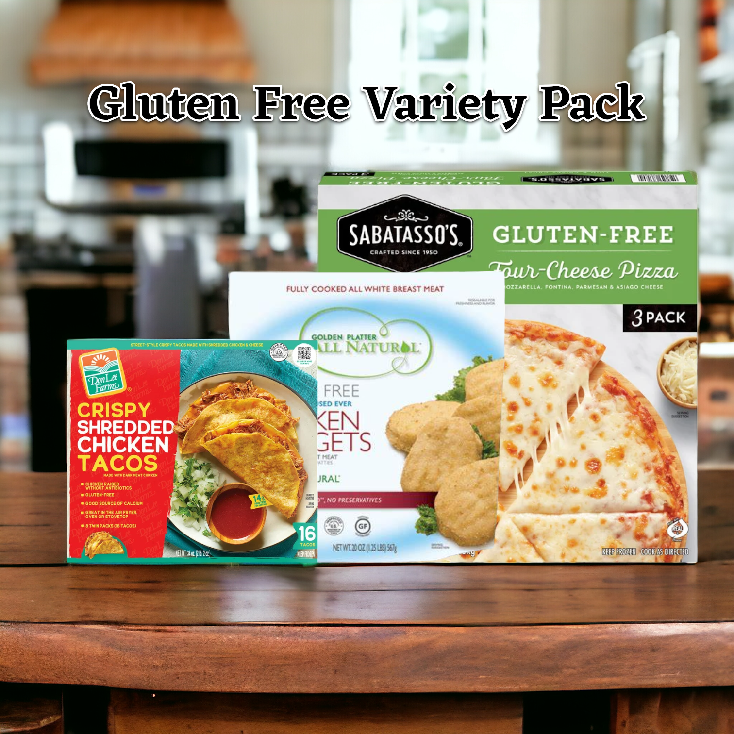 Gluten Free Variety Pack! 1 Crispy Shredded Chicken Tacos 1 Pack (16 Count), 1 Gluten-Free  Sabatasso's Four Cheese Pizza 1 Pack (3 pack), 1 Golden Platter Gluten Free Nuggets