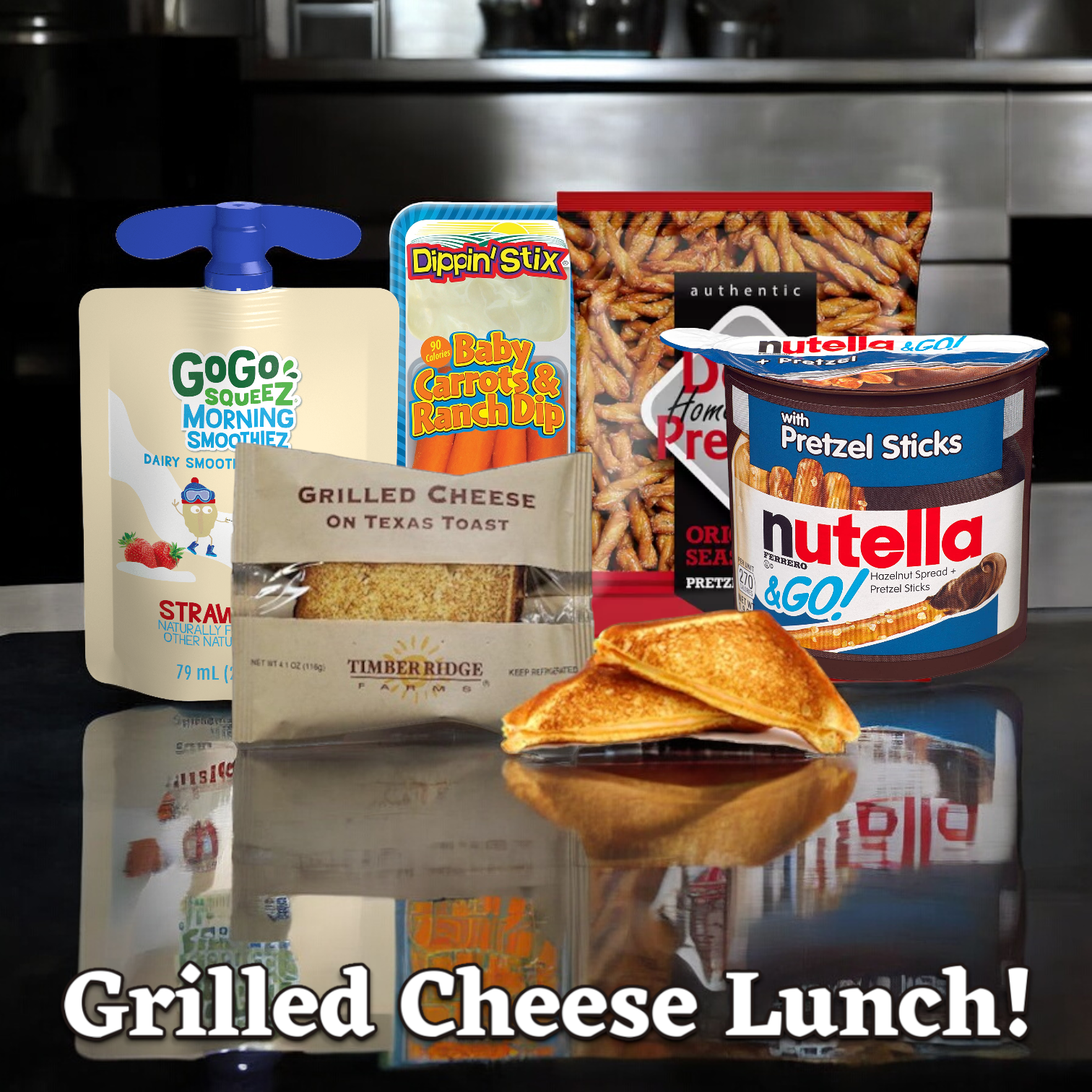 A vibrant image showcases a delicious Grilled Cheese Lunch! from Easy Lunches, featuring 1 Grilled Cheese on Texas Toast, 1 Strawberry GoGo squeeZ SmoothieZ pouch, 1 Baby Carrots & Ranch Dippin' Stix, 1 Dot's Pretzels Bag (1.5 oz), and 1 Nutella & Go with Pretzel Sticks. The text "Grilled Cheese Lunch!" is prominently displayed at the bottom, highlighting the total of five delectable items.