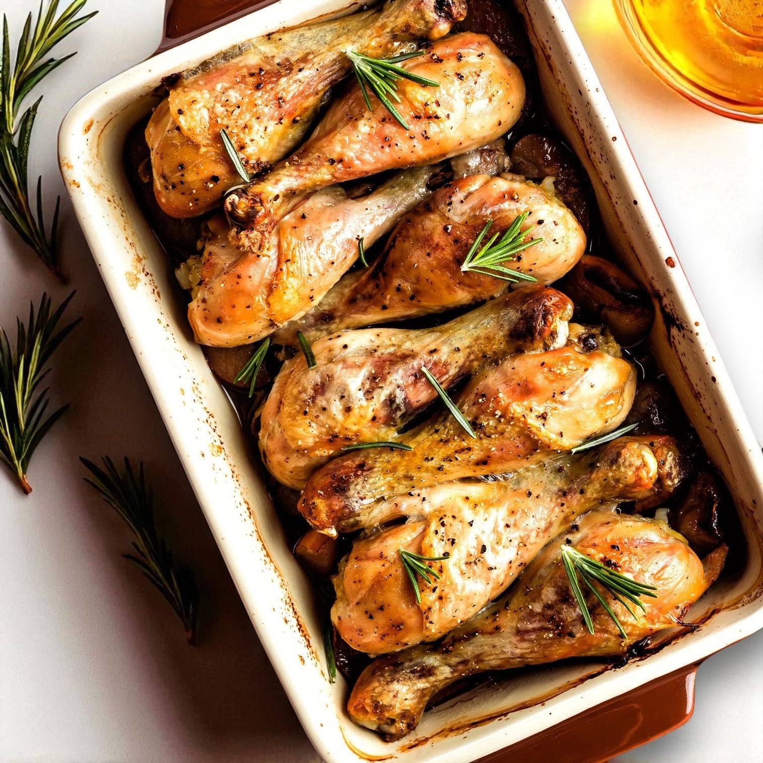 Baked Halal Chicken Drumsticks from Restaurant Depot, served in a ceramic dish and garnished with rosemary—ideal for anyone buying the 40 lb case. Sprigs of rosemary and a glass of drink complete the table setting.