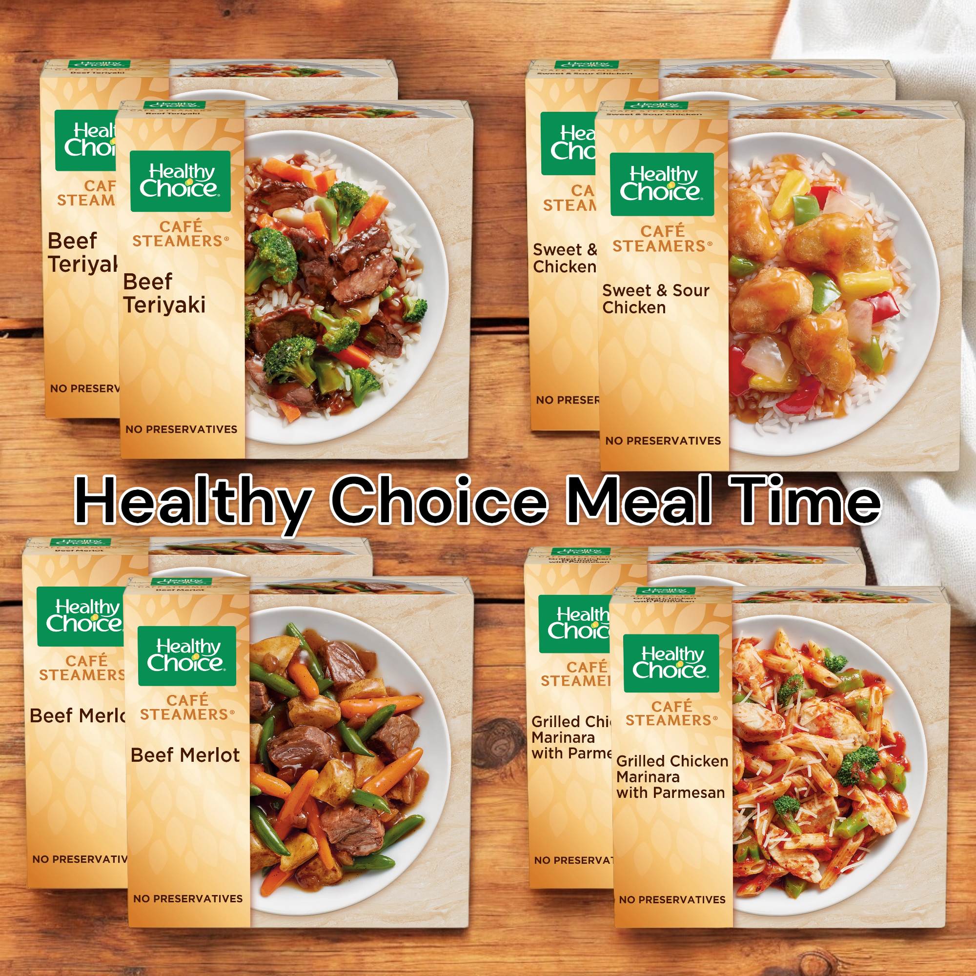 Eight Healthy Meal Choice Meal Time! packages from Healthy Choice are showcased. Flavors include Beef Teriyaki, Sweet & Sour Chicken, Beef Merlot, and Grilled Chicken Marinara with Parmesan—two of each for a total of eight meals. Text reads "Healthy Meal Choice." Savor these nutritious, ready-to-eat lunches for a convenient dining solution.