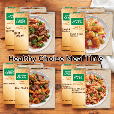 Eight Healthy Meal Choice Meal Time! packages from Healthy Choice are showcased. Flavors include Beef Teriyaki, Sweet & Sour Chicken, Beef Merlot, and Grilled Chicken Marinara with Parmesan—two of each for a total of eight meals. Text reads "Healthy Meal Choice." Savor these nutritious, ready-to-eat lunches for a convenient dining solution.