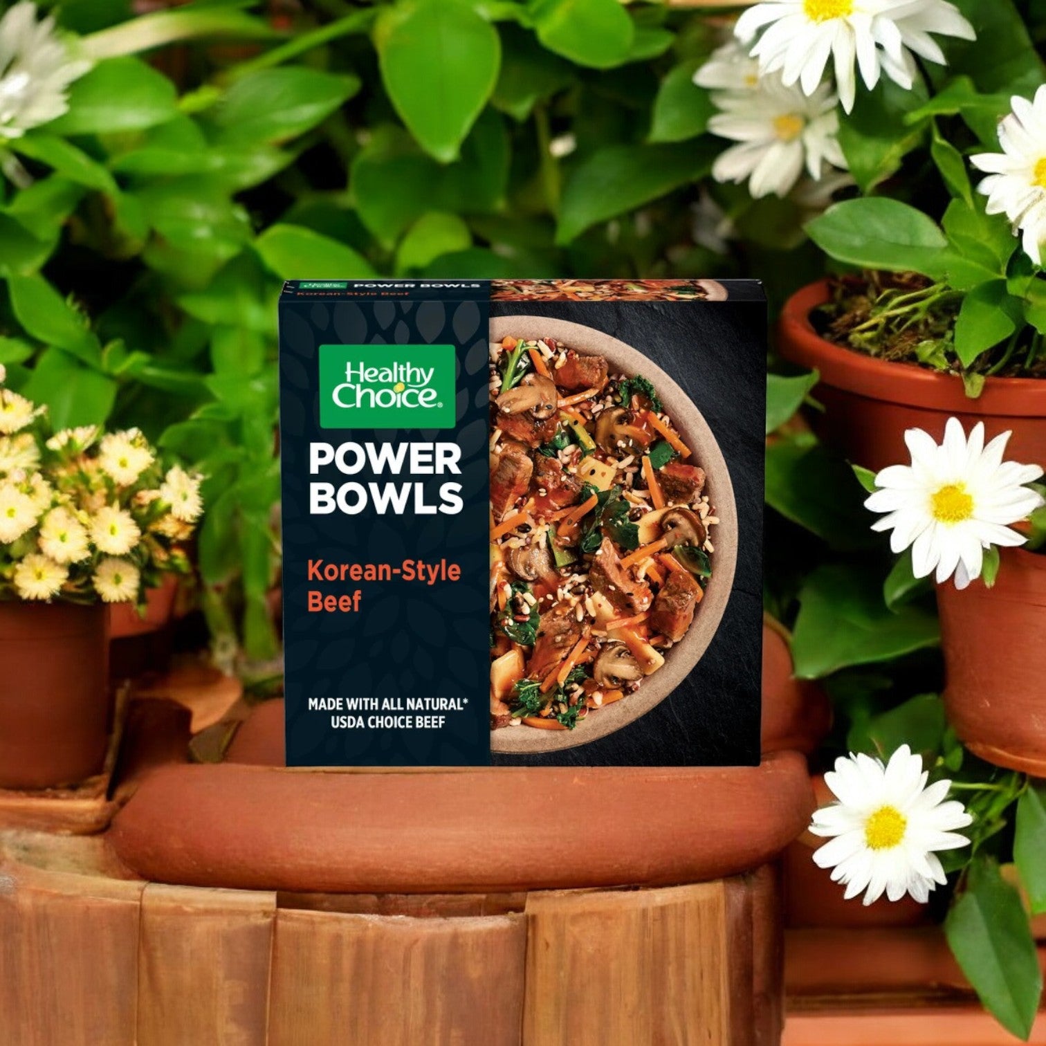 The Healthy Choice Power Bowl Variety Pack, featuring dishes like Korean Style Chicken, is beautifully showcased among potted plants and white flowers, perfectly illustrating the convenience of microwaveable meals. This variety pack includes nutritious options such as Adobo Chicken, Chicken Marinara, and Greek Style Chicken—eight wholesome power bowls in total—that cater to diverse lifestyles.