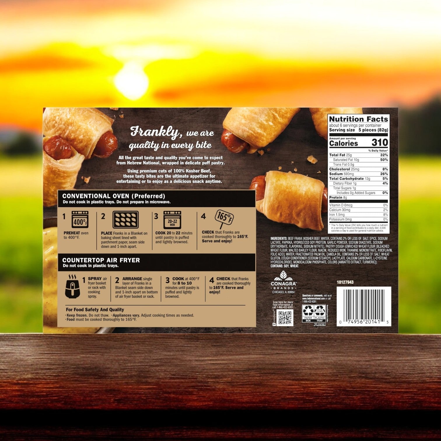 The Hebrew National Beef Franks in a Puff Pastry Blanket package showcases baked sausages wrapped in pastry, with cooking instructions, nutrition facts, and a promise of quality using premium kosher beef franks for reliable authenticity.