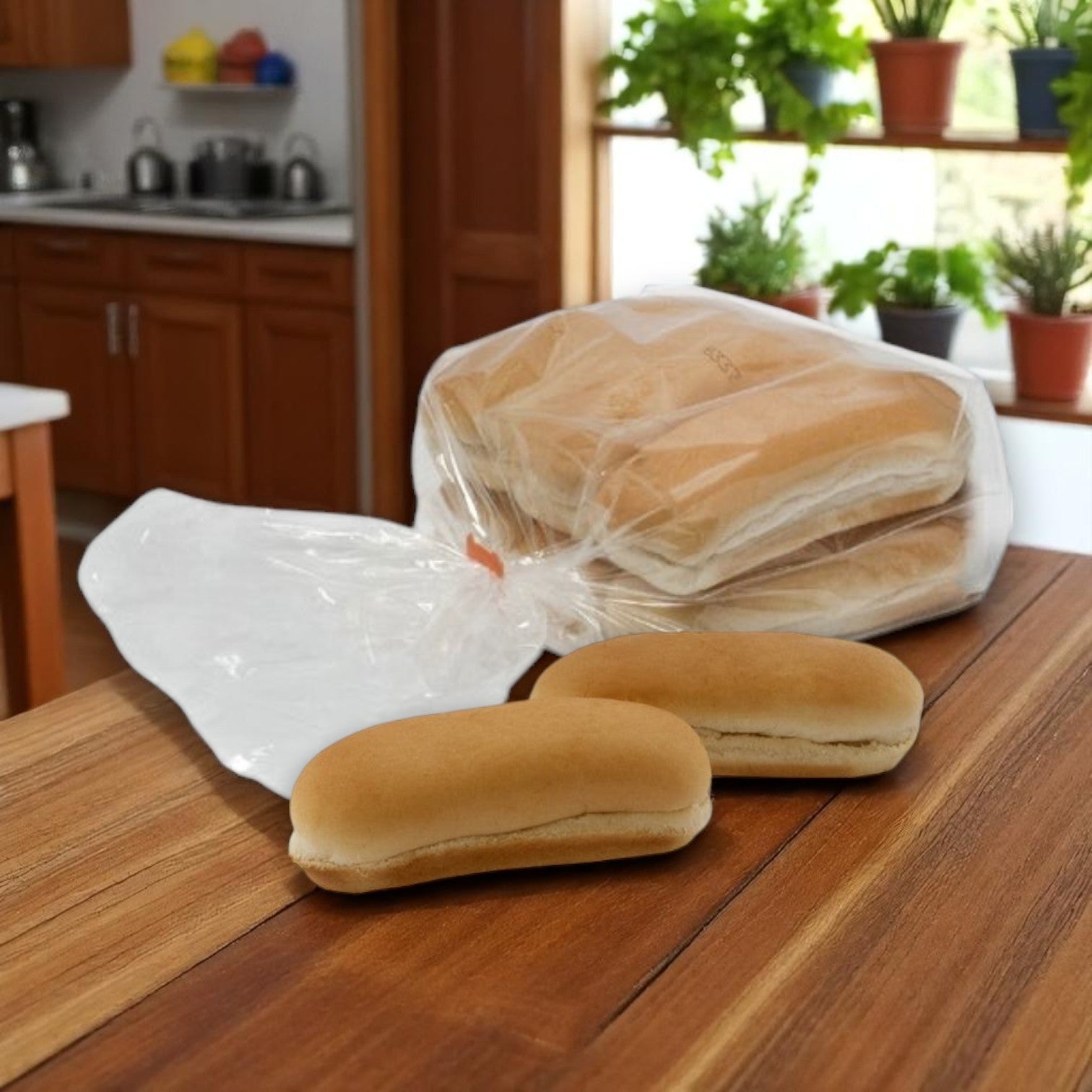 A pack of Hebrew National All Beef Frankfurter & Bun Bundle – 4 Packs rests on a wooden kitchen counter, with two buns in front ready for filling; potted plants can be seen in the background.