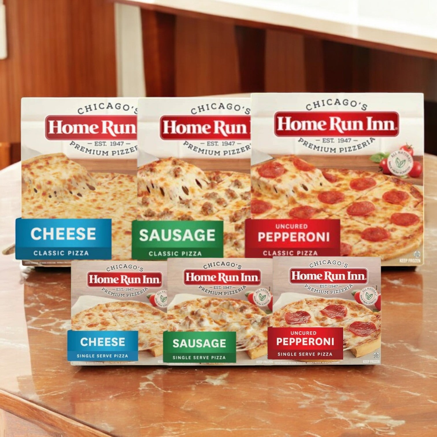 Home Run Inn 6-Pack Pizza Combo features family-sized and single-serve pizzas in delicious cheese, sausage, and pepperoni varieties, elegantly displayed on a wooden surface.