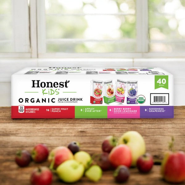 Honest Organic Kids - 40 Count! 16, Super Fruit Punch, 8 Appley Ever After, 8 Berry Berry Good Lemonade, 8 Goodness Grapeness!