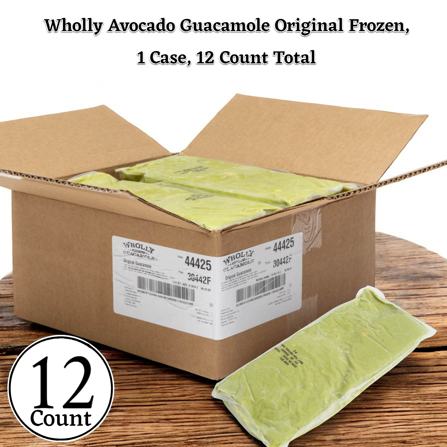 An open cardboard box contains individually wrapped frozen guacamole packs labeled "Wholly Hass Guacamole, 1 Pound - 1 Case- 12 Total Packs," made with premium Hass avocados. Enjoy the convenience of a 12-pack with a total of 12 counts per case from the Wholly brand.