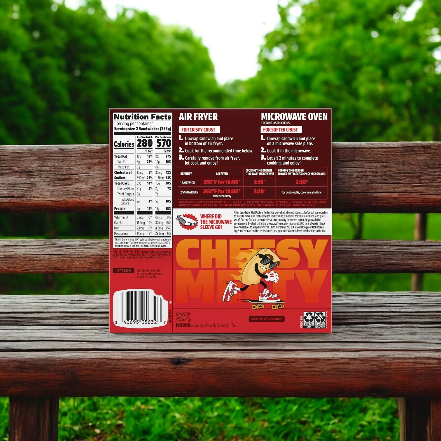 Experience the delightful taste of Stouffer's Hot Pockets Frozen Snacks on a park bench, featuring quick and easy cooking instructions for both air fryer and microwave, along with nutritional facts. Enjoy the savory combination of ham and cheddar nestled inside a flaky croissant crust in every bite!