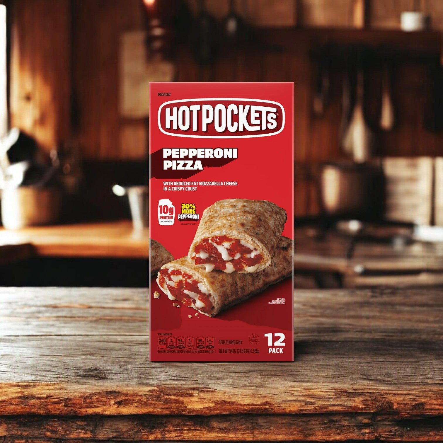 A Hot Pockets Variety Pack, featuring one Meatballs and Mozzarella Cheese, one Pepperoni Pizza, and one Ham and Cheddar Croissant Crust box for a total of 36 Hot Pockets, is displayed on a wooden kitchen counter with a blurred kitchen background. This assortment offers convenient and delicious frozen snacks for any time.