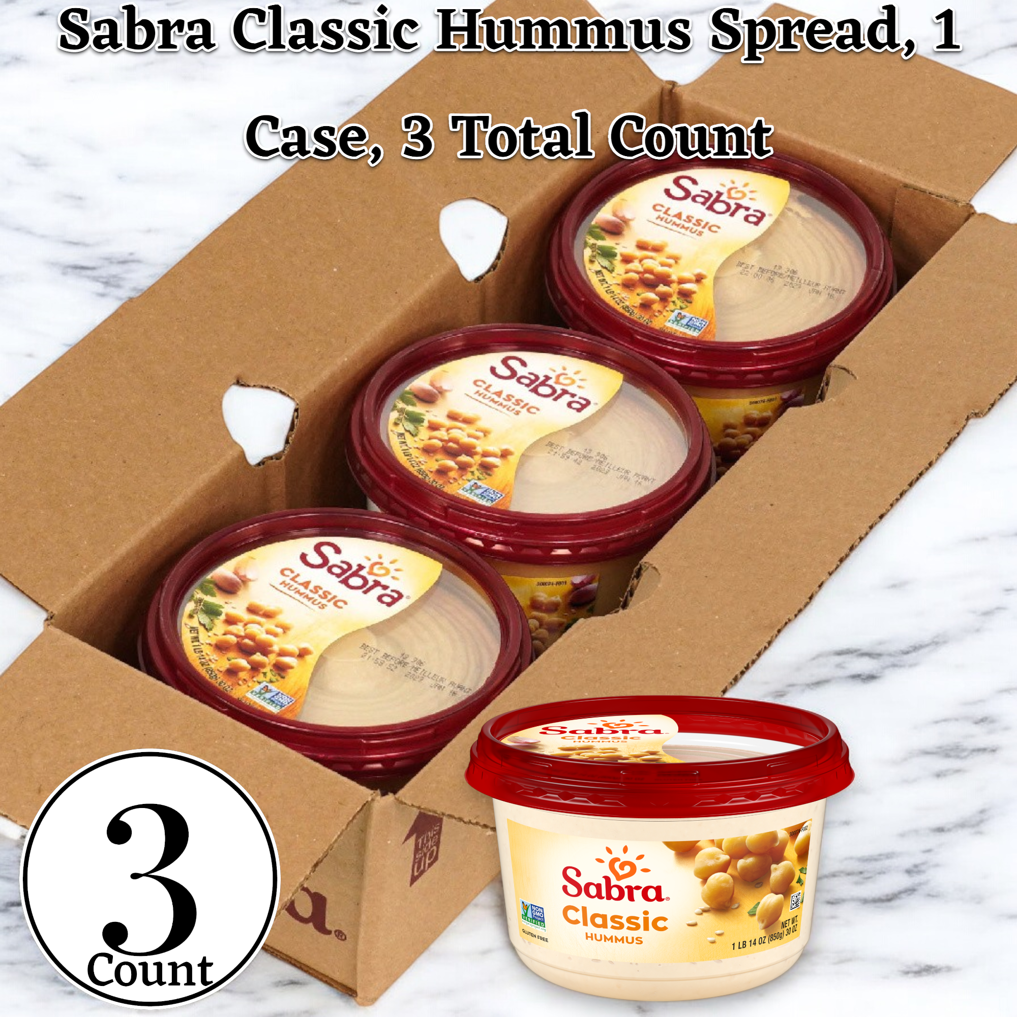 A case of Sabra Classic Hummus Spread, 30 oz. - 3 Pack by Sabra, featuring three tubs with maroon lids and no artificial preservatives, displayed on a marble surface.