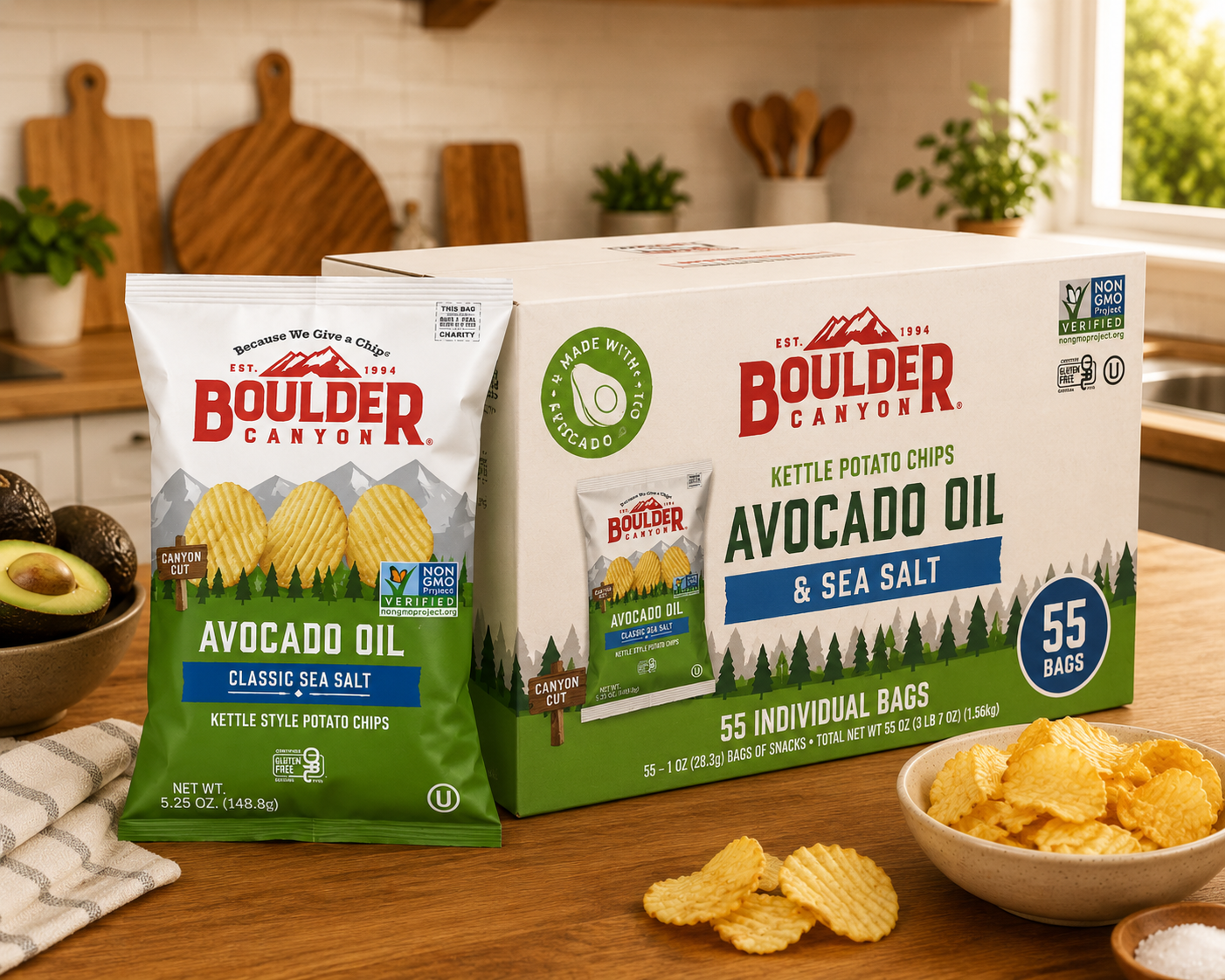 Boulder Canyon Kettle Potato Chips – Avocado Oil & Sea Salt – 55 Individual Bags (1.25 oz Each)