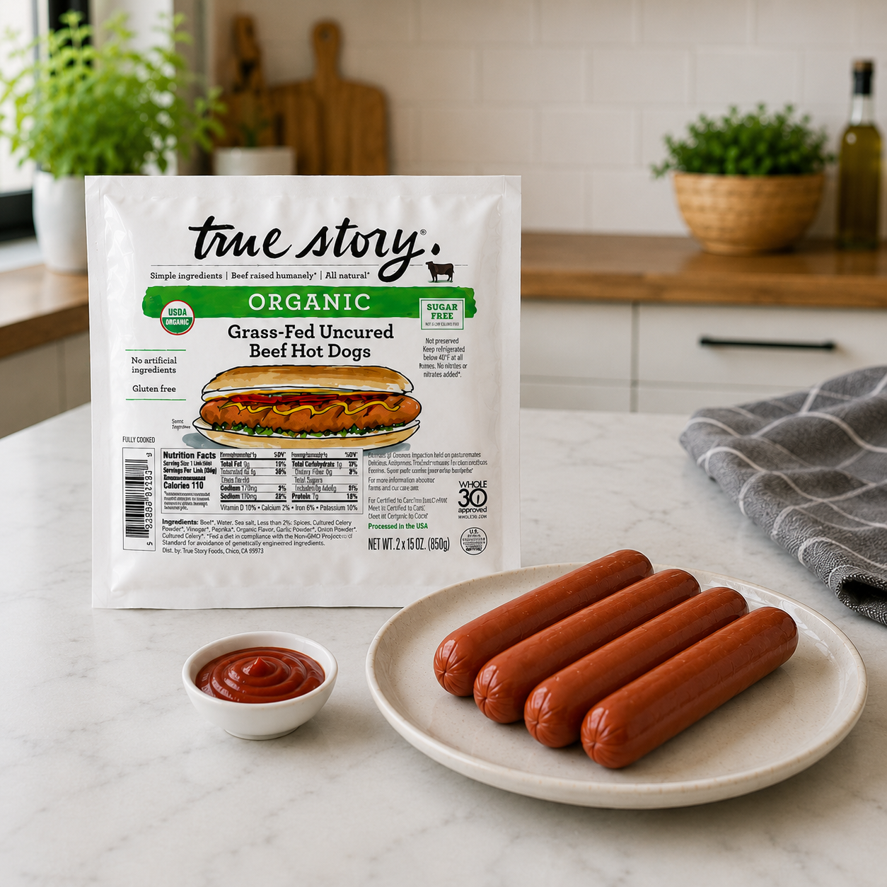True Story Organic Grass-Fed Beef Uncured Hot Dogs, 15 oz, 1 Count