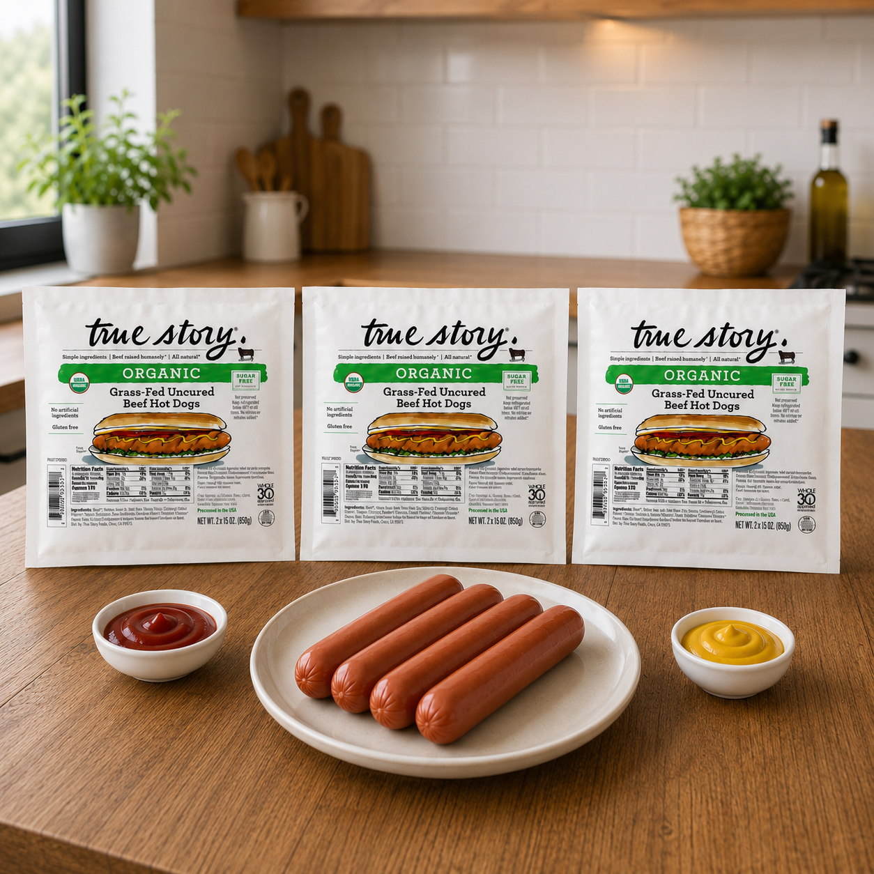 True Story Organic Grass-Fed Beef Uncured Hot Dogs, 15 oz, 3 Count