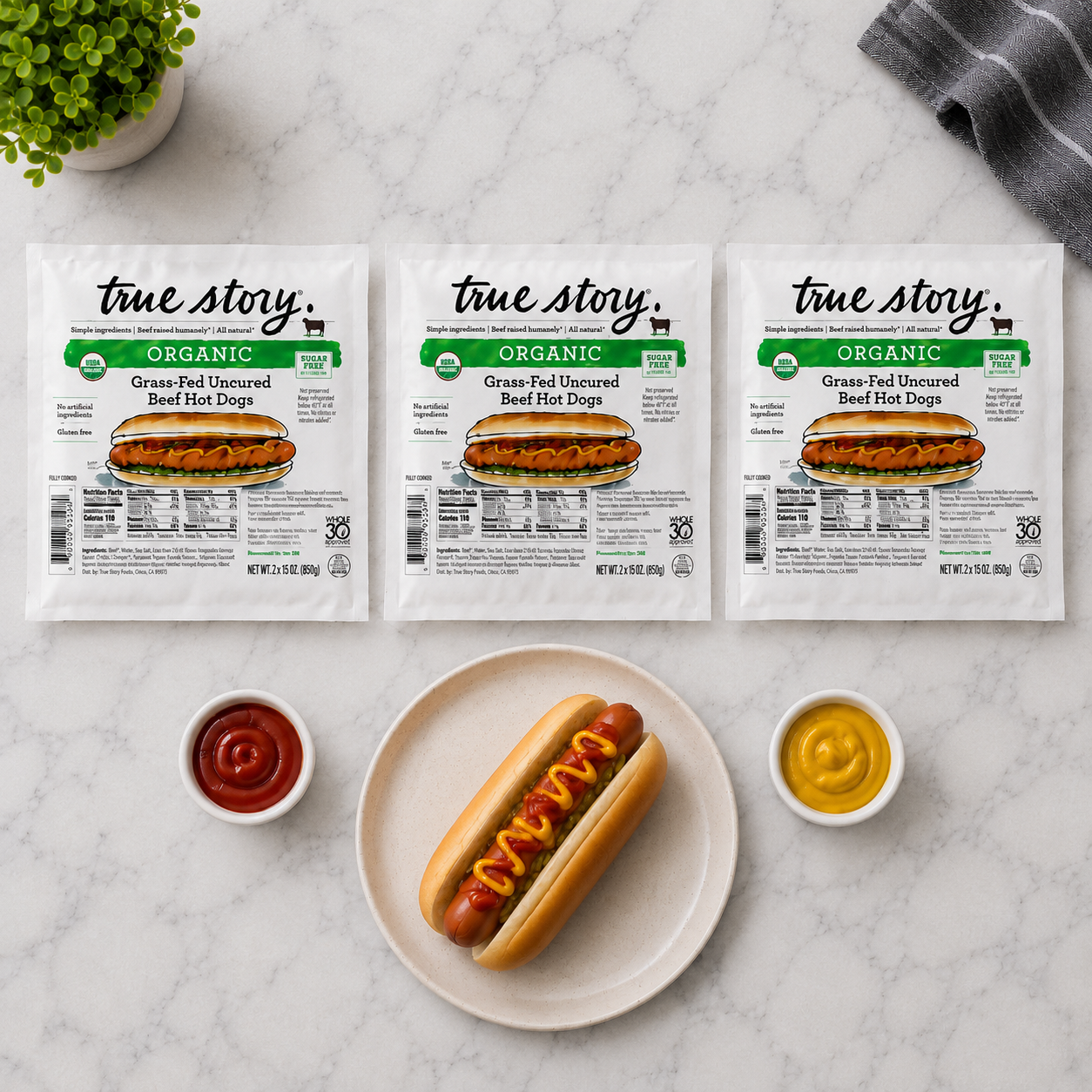 True Story Organic Grass-Fed Beef Uncured Hot Dogs, 15 oz, 3 Count