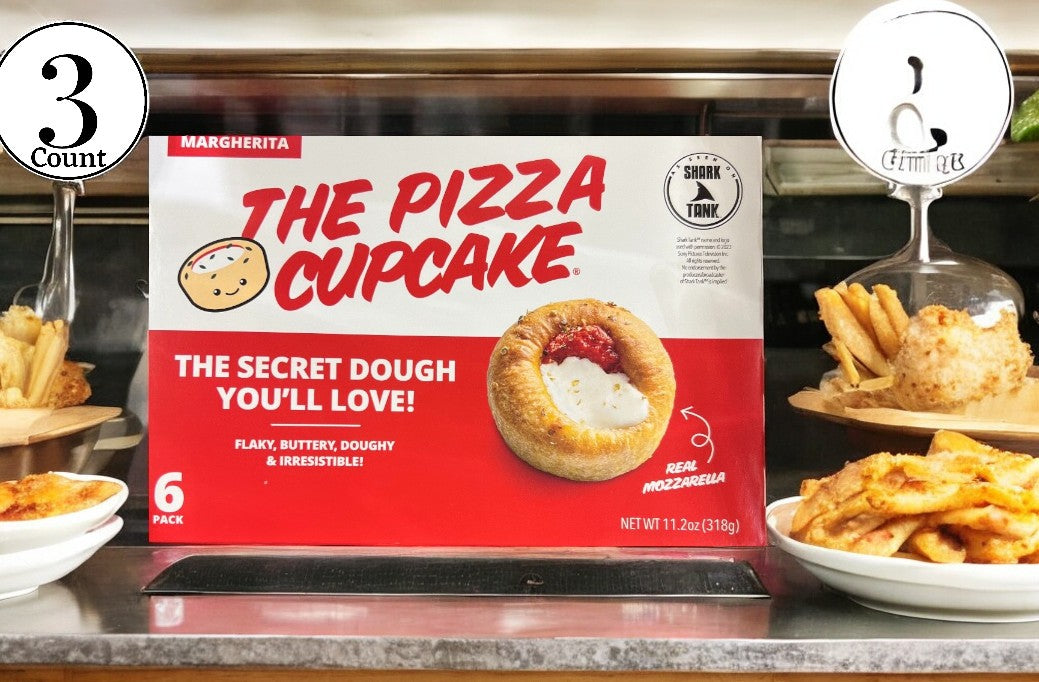 A display showcases "The Pizza Cupcake Margherita- 3 Count" with its flaky, buttery, doughy, and irresistible texture featuring real mozzarella. Perfect as an appetizer for any occasion.