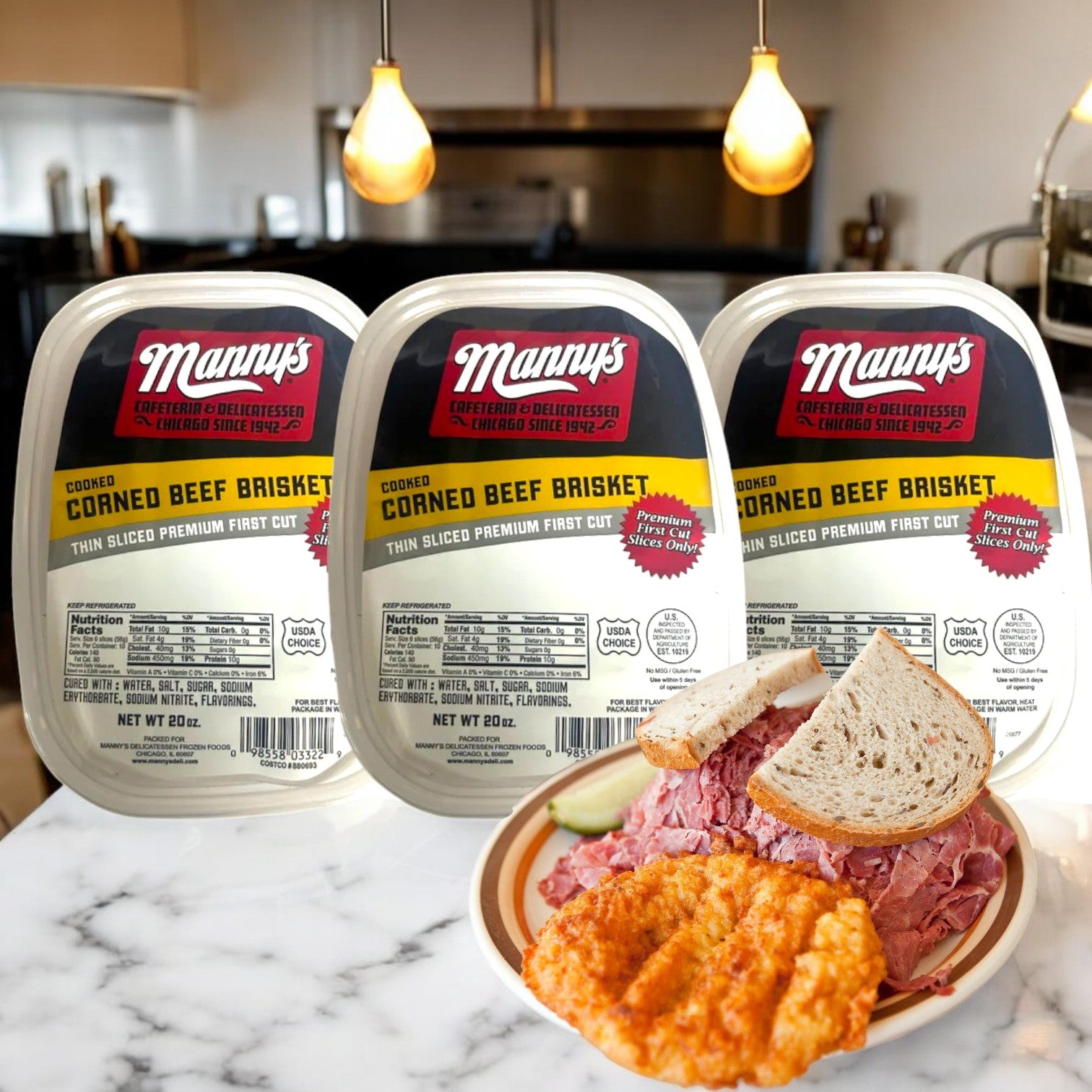 Three packages of Manny's Cooked Corned Beef Brisket-3 Count are showcased with a ready-to-serve sandwich and crispy hash browns on a counter in a cozy kitchen setting.