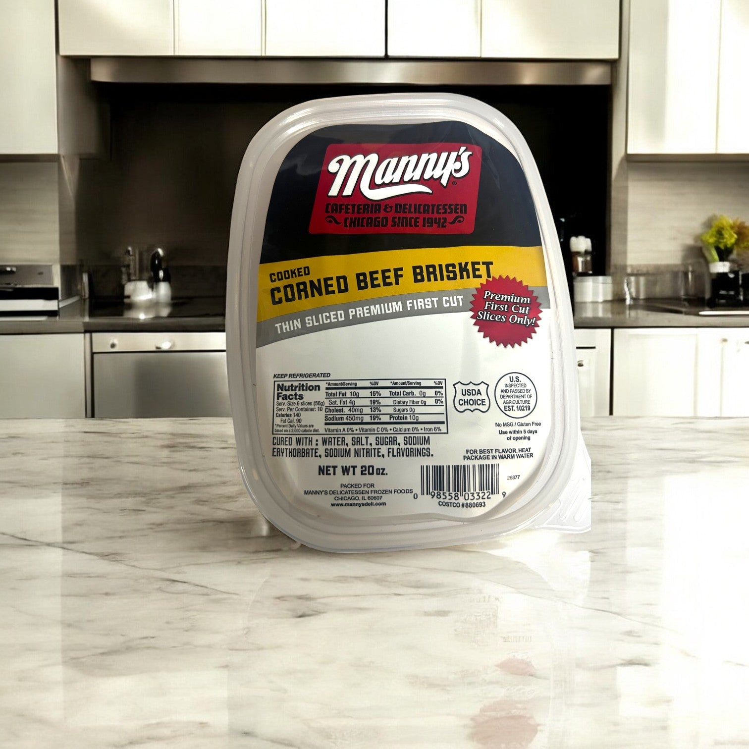 A package of Manny's 4 Count Combo, a staple of classic deli fare, sits on a marble countertop in a modern Chicago deli-inspired kitchen.