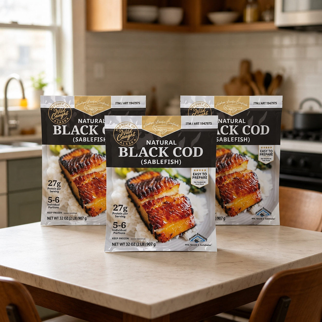Alaskan Leader Seafood Natural Black Cod – Wild Caught Black Cod, 32 oz  3-Count Pack