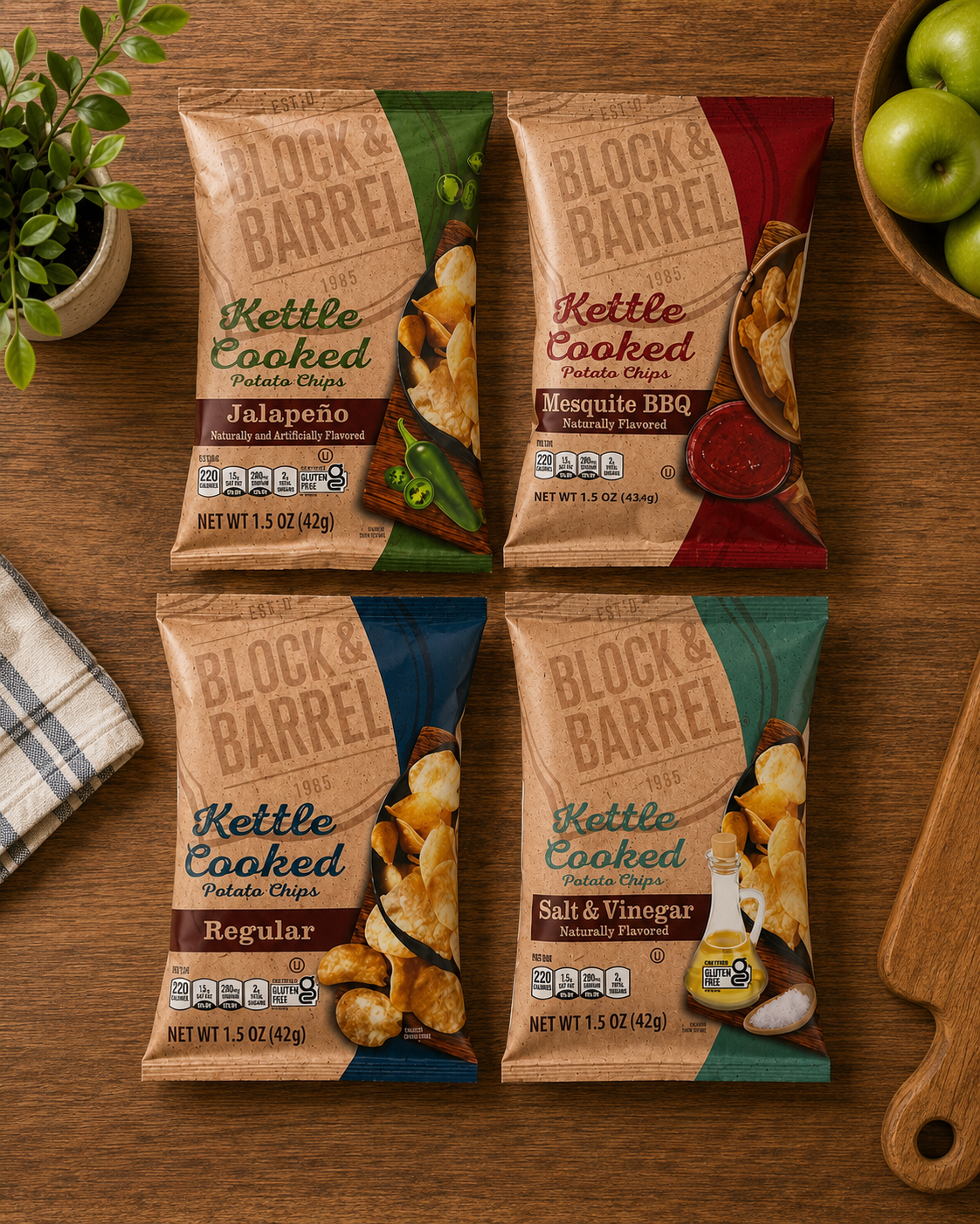 Block & Barrel Kettle Potato Chips – Variety Pack, 48 Bags (1.5 oz Each, 1 Case)