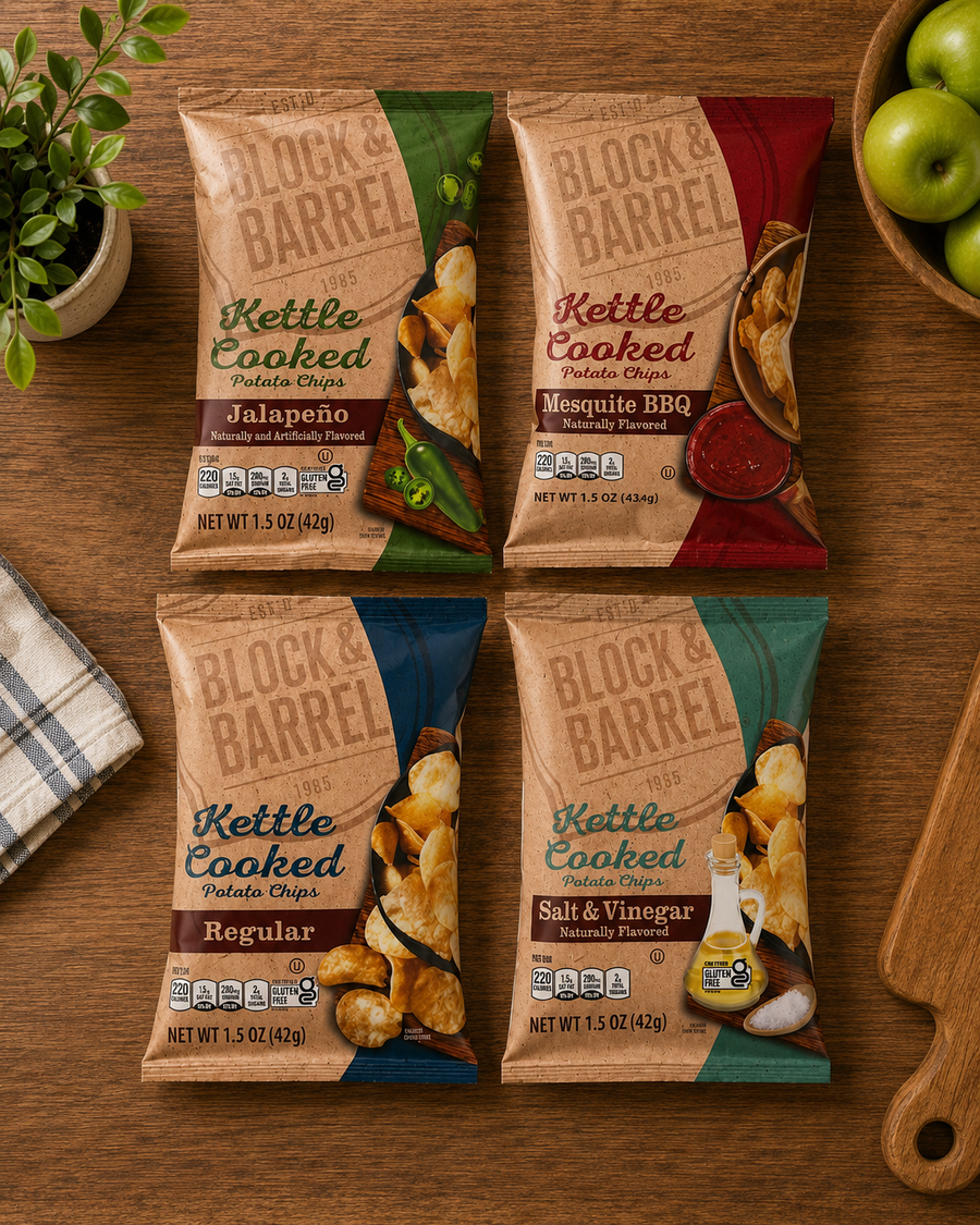 Block & Barrel Kettle Potato Chips – Variety Pack, 48 Bags (1.5 oz Each, 1 Case)
