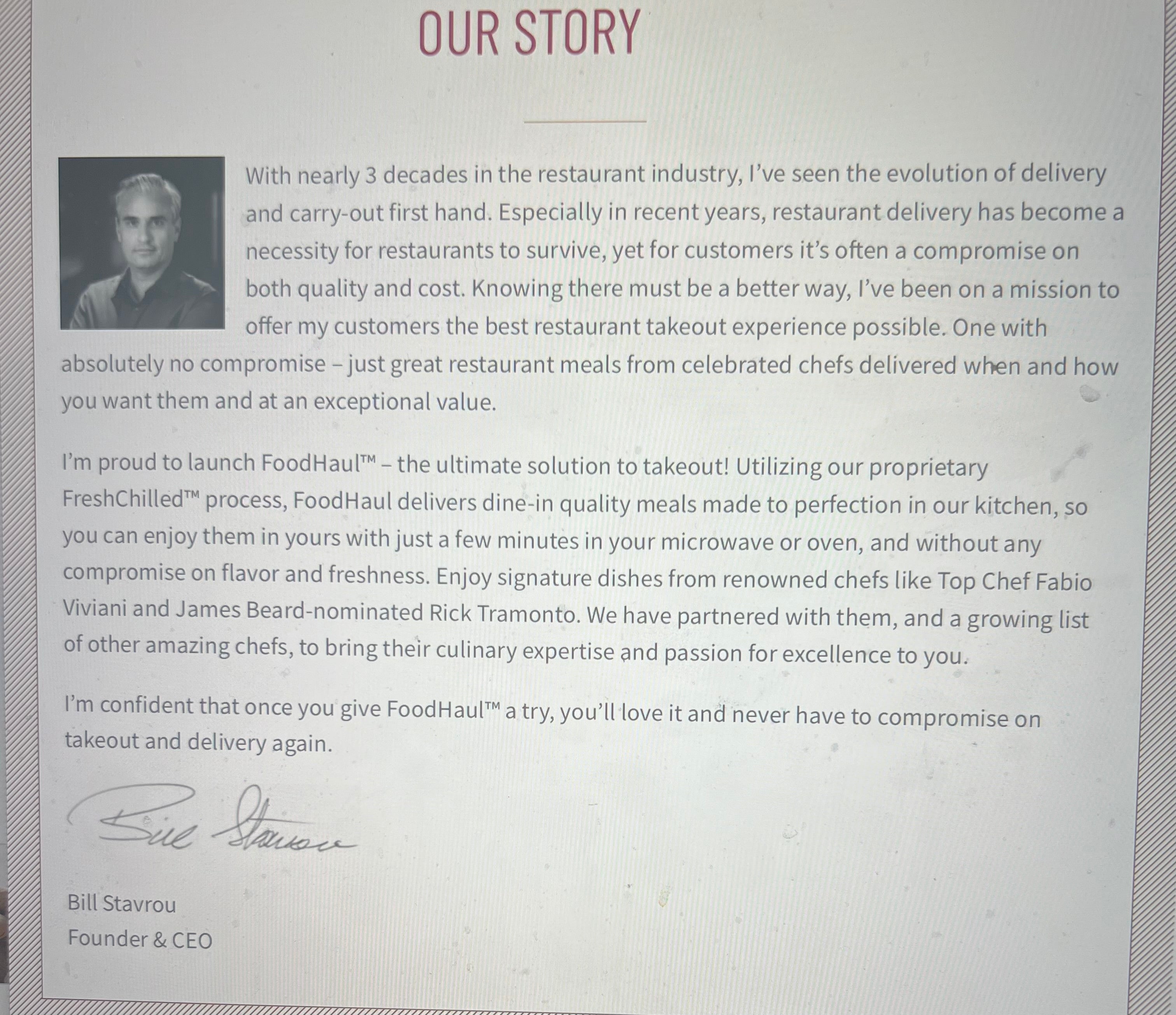 An image of text titled "Our Story" detailing the founder's experience in the restaurant industry, the launch of Food Haul, and its dedication to high-quality, uncompromising takeout using their FreshChilled™ process, featuring offerings such as Roasted Half Brick Chicken.