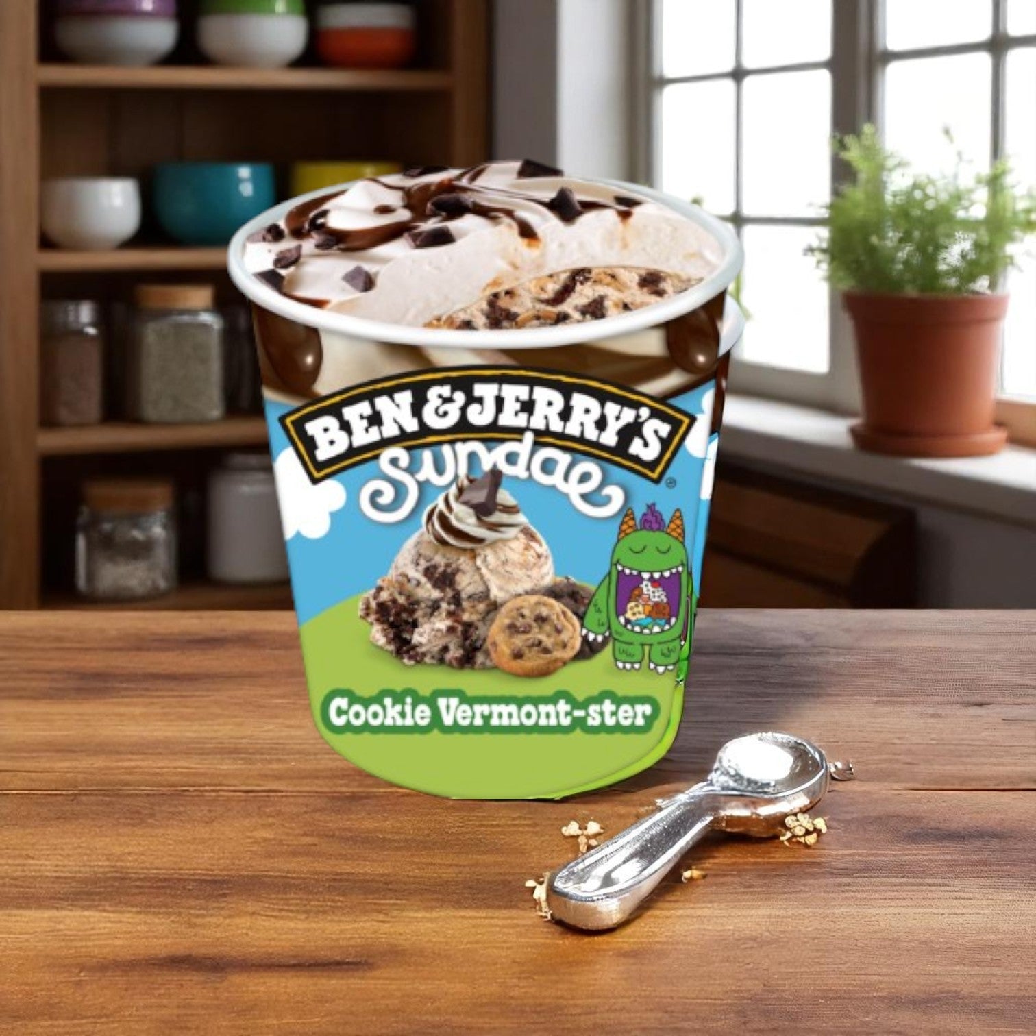 A pint of Ben & Jerry's Ice Cream, Cookie Vermont-Ster Sundae sits on a wooden kitchen counter, featuring cookie crumbs and a rich fudge layer, with a metal ice cream scoop ready to serve.