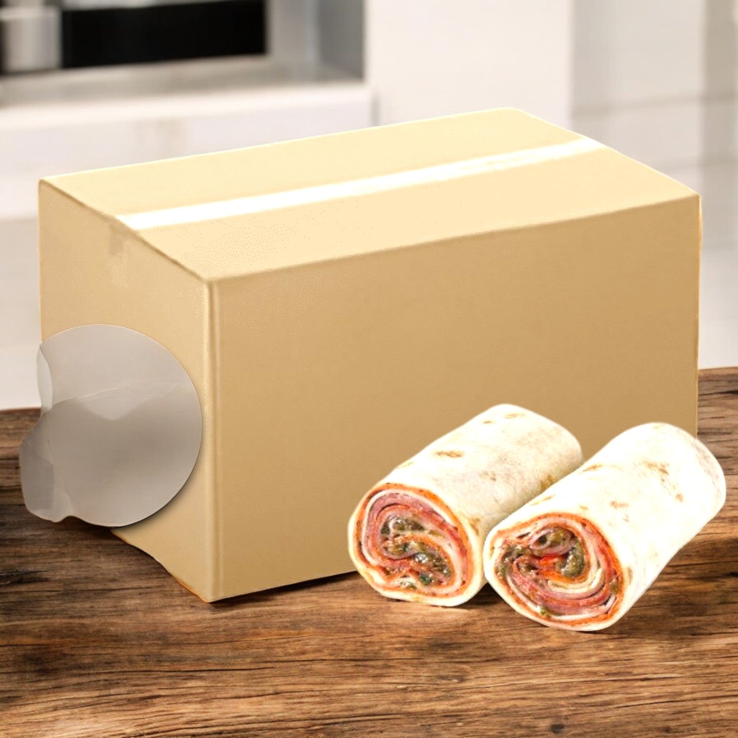 On a wooden table, a cardboard box features two sliced E.A. Sween Italian Style Wraps filled with smoked white turkey, provolone cheese, meat, and fresh veggies for an authentic Italian taste. Ships frozen with a 30-day cooler shelf life once thawed.
