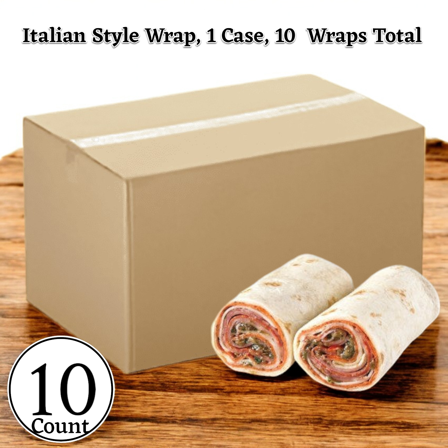 A box labeled "Italian Style Wrap- 1 Case, 10 Count" by E.A. Sween is displayed, featuring an image of two Italian-style wraps in the foreground that highlight classic Italian ingredients. A "10 Count" label is visible on the bottom left.