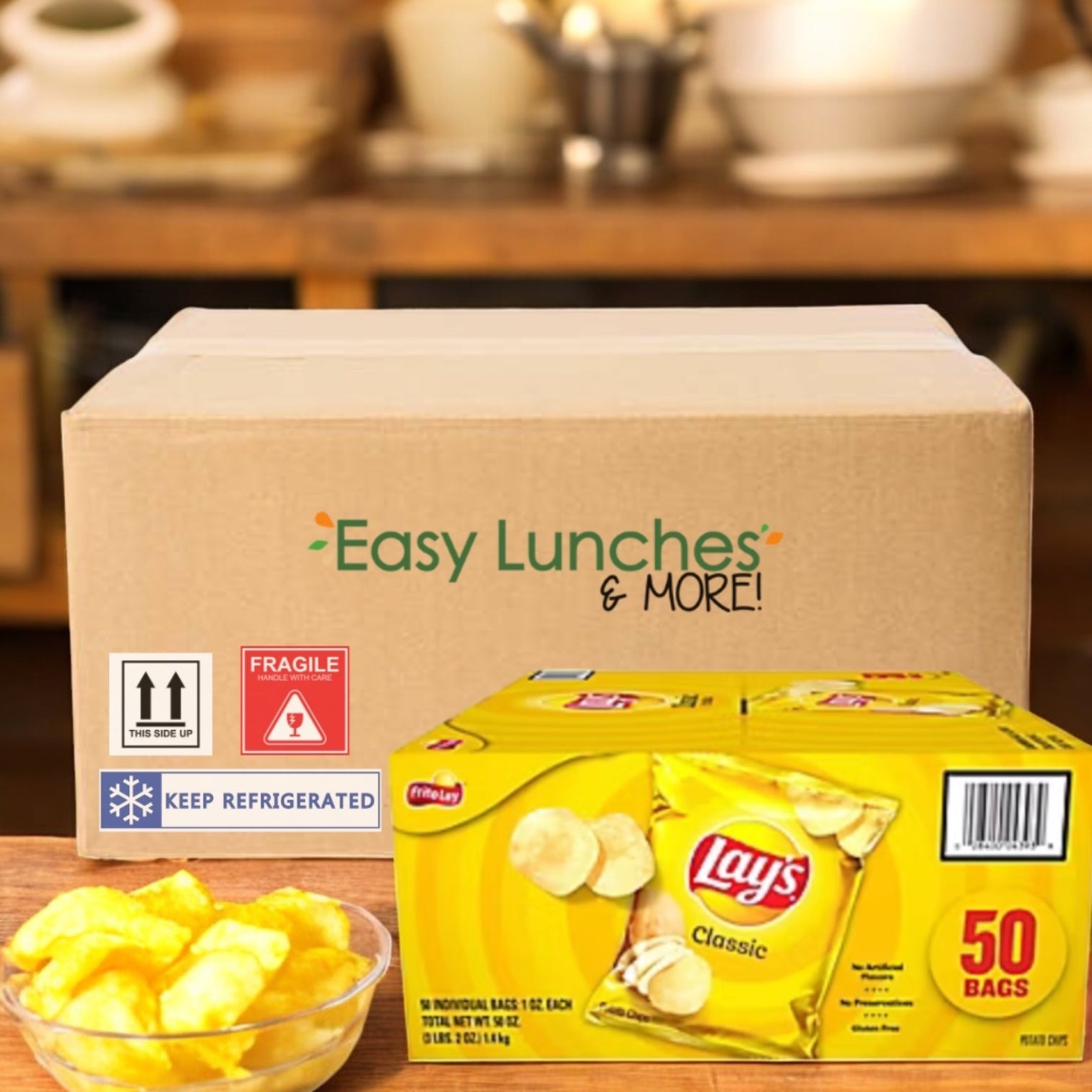 A box labeled "Easy Lunches & More" sits on a kitchen counter next to a 50-pack of Frito Lay’s Lay's Classic Potato Chips (1 oz), with crispy chips in a bowl—an inviting snack for all ages.
