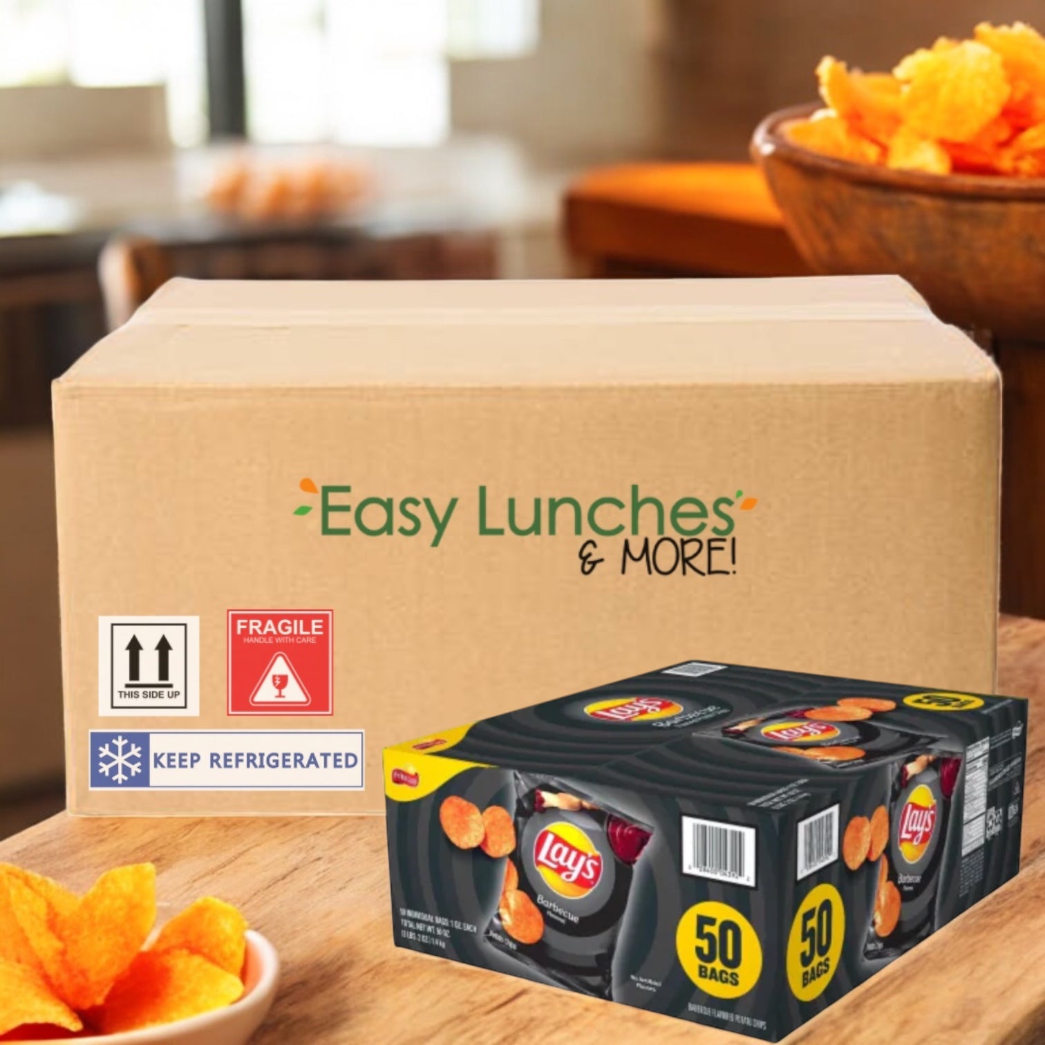 A cardboard box sits on a table next to a Frito Lay Lay's® Barbecue Flavored Potato Chips Snack Chips 1.5 oz, 50 pk box and a bowl of chips—ideal for snack lovers and bulk purchases.