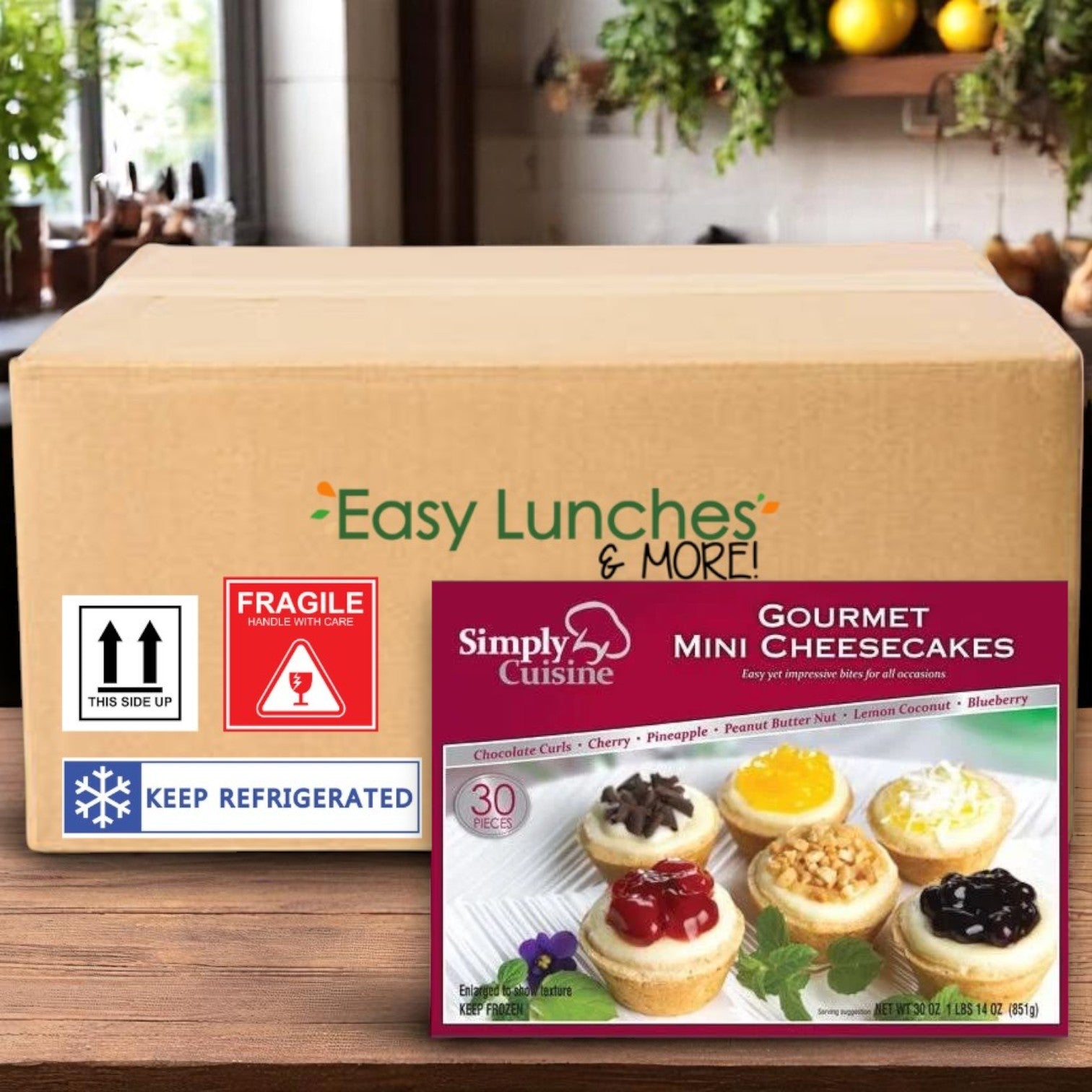 A cardboard shipping box and a Cuisine Innovations Mini Assorted Cheesecakes, 30 Count, are displayed on a kitchen counter with "Easy Lunches & More!" above—each premium-quality, bite-sized delight is perfect for every occasion.