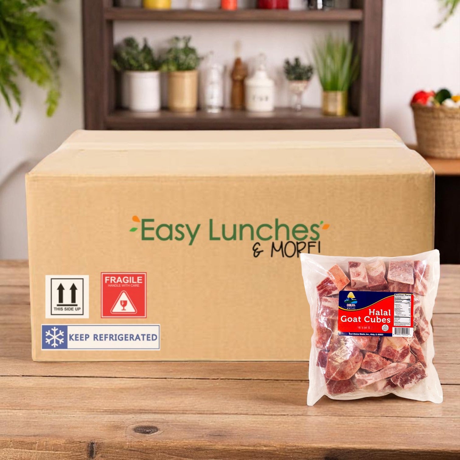 A large cardboard box labeled "Easy Lunches & MOPFI" sits on a table beside a clear package of Restaurant Depot Halal Goat Cubes-15lbs-1 Case-Frozen, delivering convenient, halal-certified meals.
