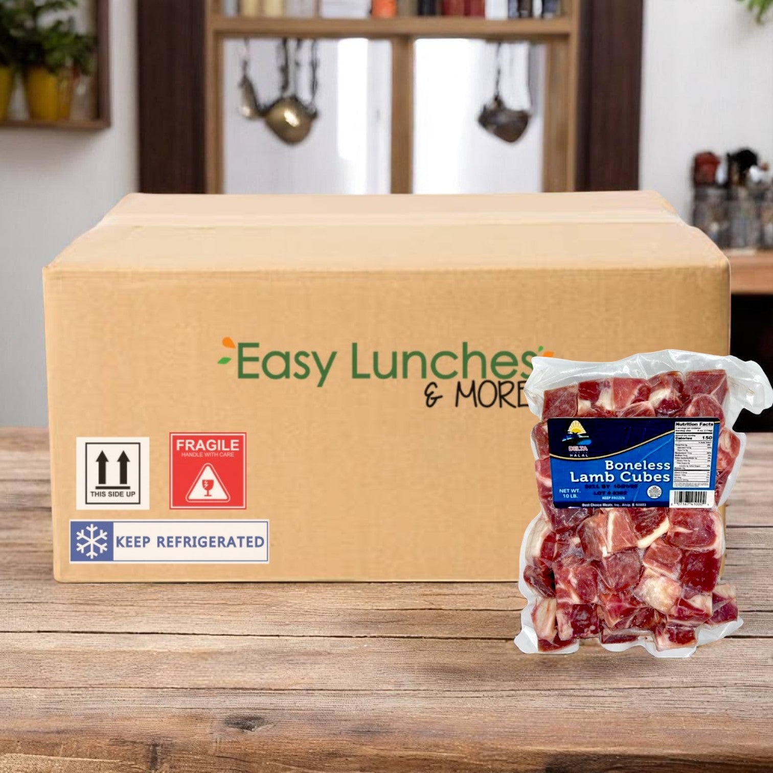 A cardboard box labeled "Easy Lunches & More" sits on a table next to a vacuum-sealed pack of Restaurant Depot Halal Boneless Lamb Cubes (1-1.5", Australia, 10 lbs, 1 case).