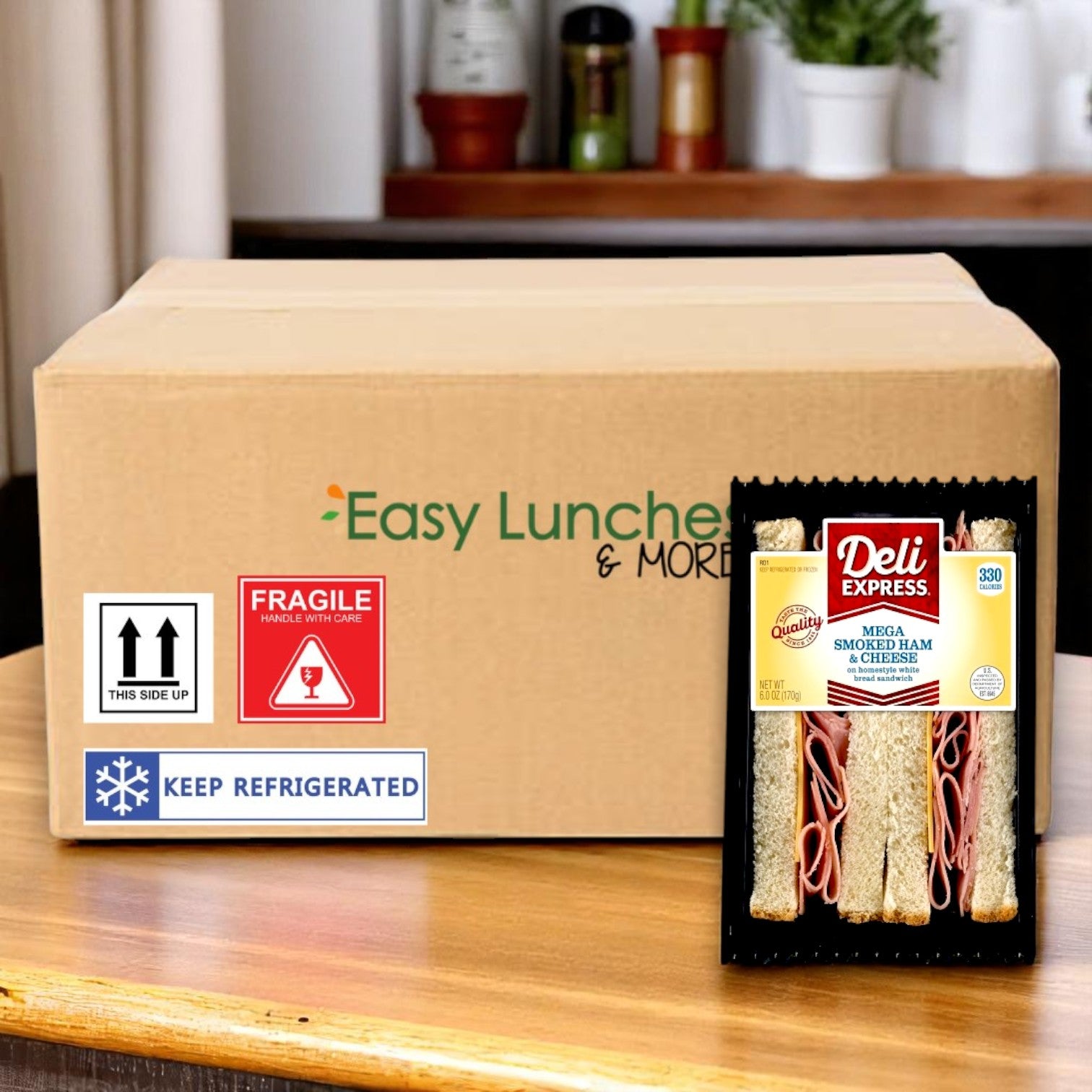 A Deli Express Mega Italian Style Sandwich Wedge by E.A. Sween sits next to a box labeled for easy lunches, with "fragile" and "keep refrigerated" stickers, offering convenient 5.7 oz grab-and-go meals (8 per case).