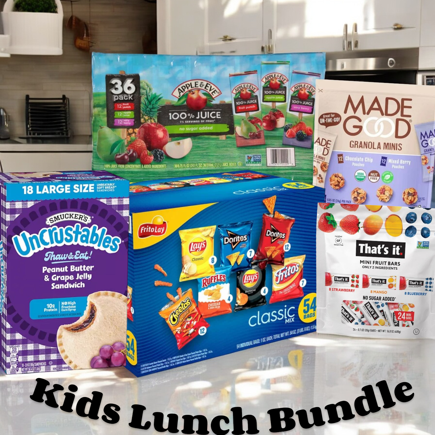 A Kids Lunch Bundle from Easy Lunches featuring 18 Grape Uncrustables sandwiches, 50 assorted Frito-Lay chips, 36 assorted Adam and Eve 100% juice boxes, 24 Made Good granola minis, and 24 assorted That's It fruit bars displayed on a kitchen counter. This assortment offers nutritious snacks that your little ones will love. Plus, enjoy free shipping with every order!