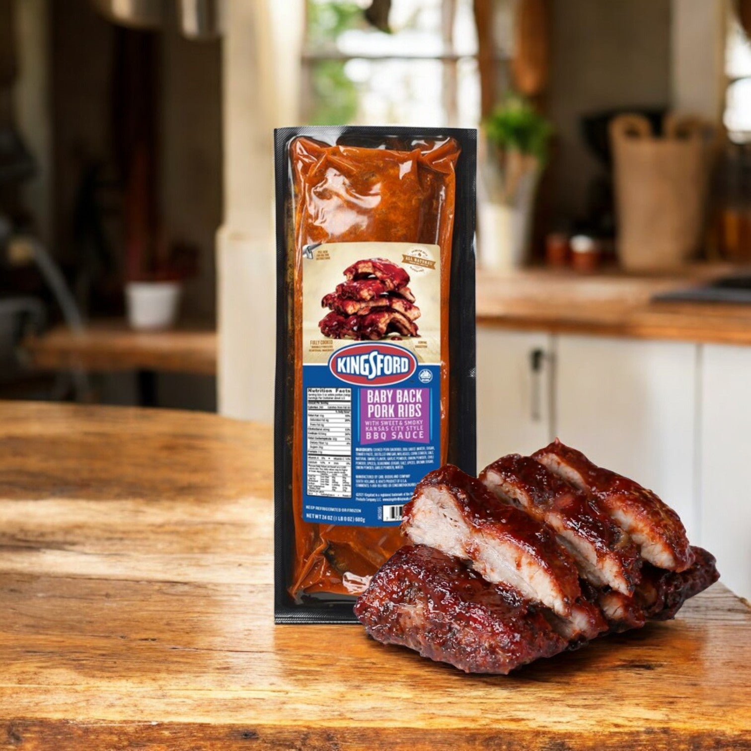 The Kingsford Pork Ribs, Baby Back, with Sweet & Smoky Kansas City BBQ Sauce – 24 oz, are perfectly paired with grilled ribs, creating an inviting scene on your kitchen counter.