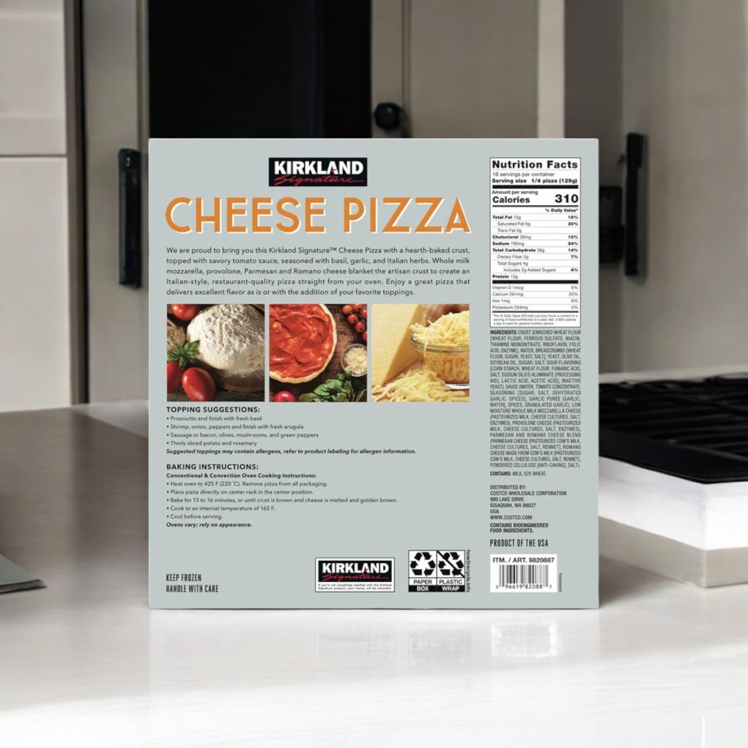 Back of a Kirkland Signature Cheese Pizza box showcasing the hand-stretched crust, premium mozzarella cheese, topping suggestions, baking instructions, and nutrition facts. The box is placed on a kitchen counter near a stovetop.