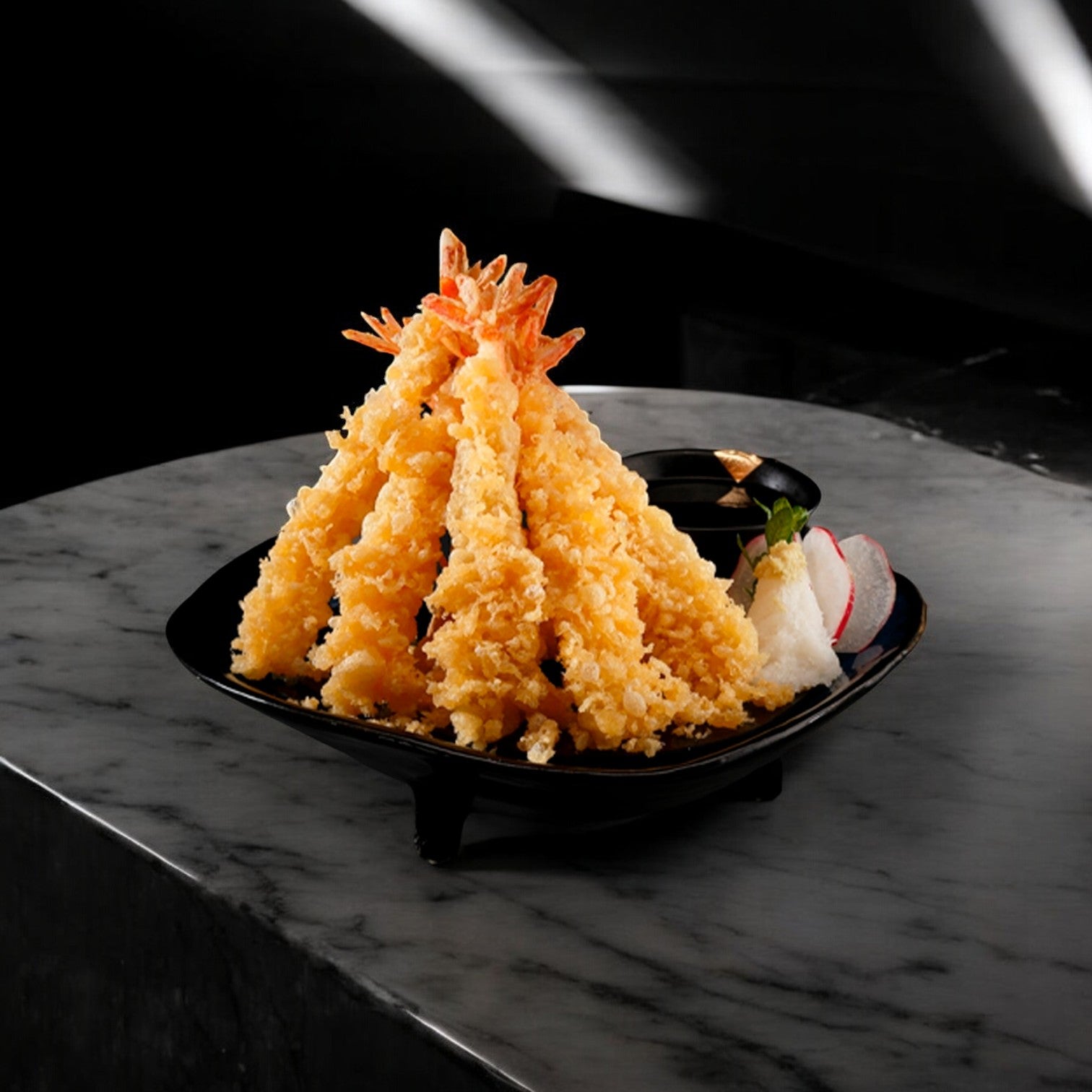 A plate of Kirkland Signature Tempura Shrimp, artfully arranged in a pyramid on a black dish, highlights its swift preparation time. The crispy tempura batter is elegantly garnished with radish slices and a leaf, resting gracefully on a marble surface.