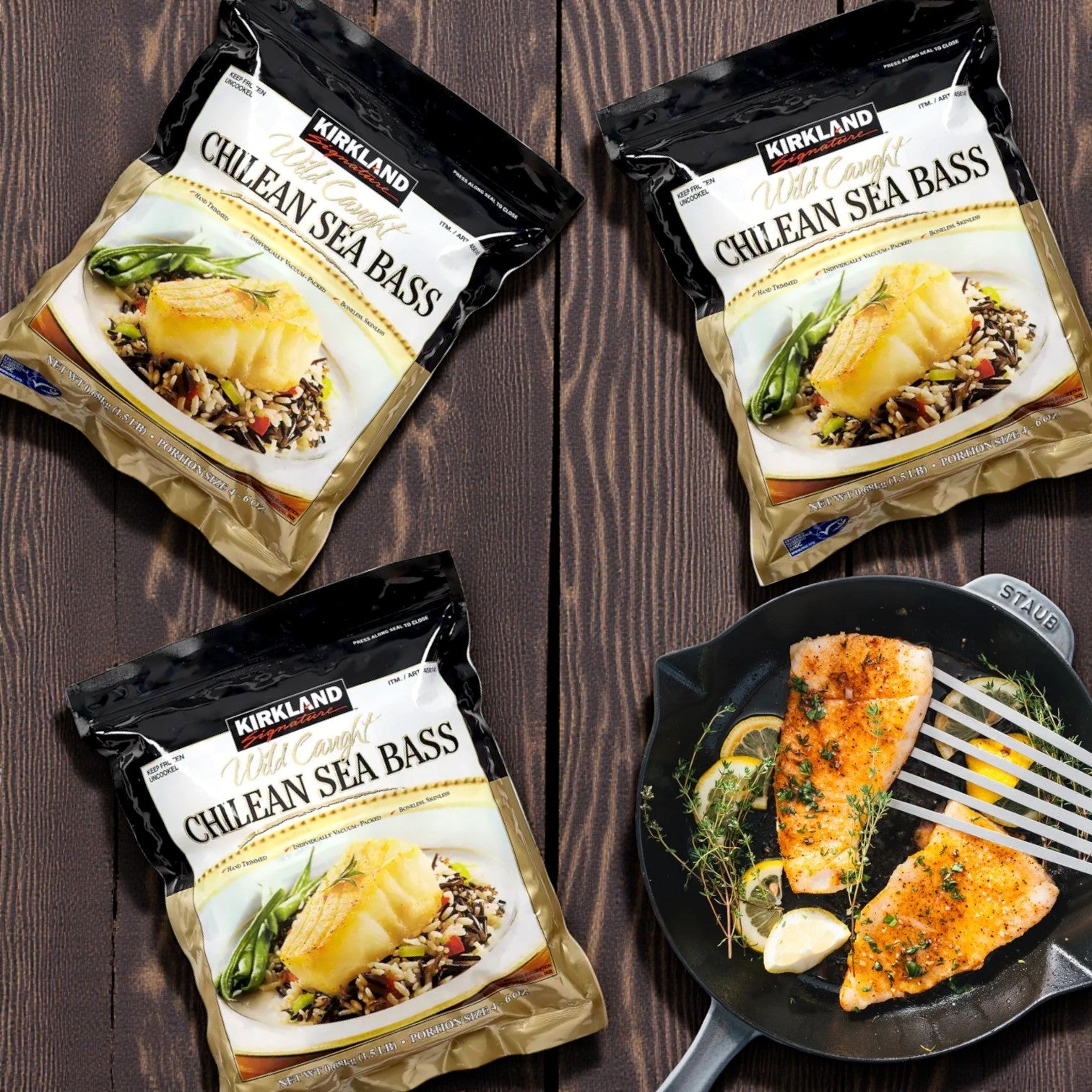 Three packs of Kirkland Signature Wild Chilean Sea Bass (1.5 lbs, three 4–6 oz portions per pack) are shown beside a pan with cooked sea bass fillets, herbs, and lemon slices—showcasing this premium seafood.