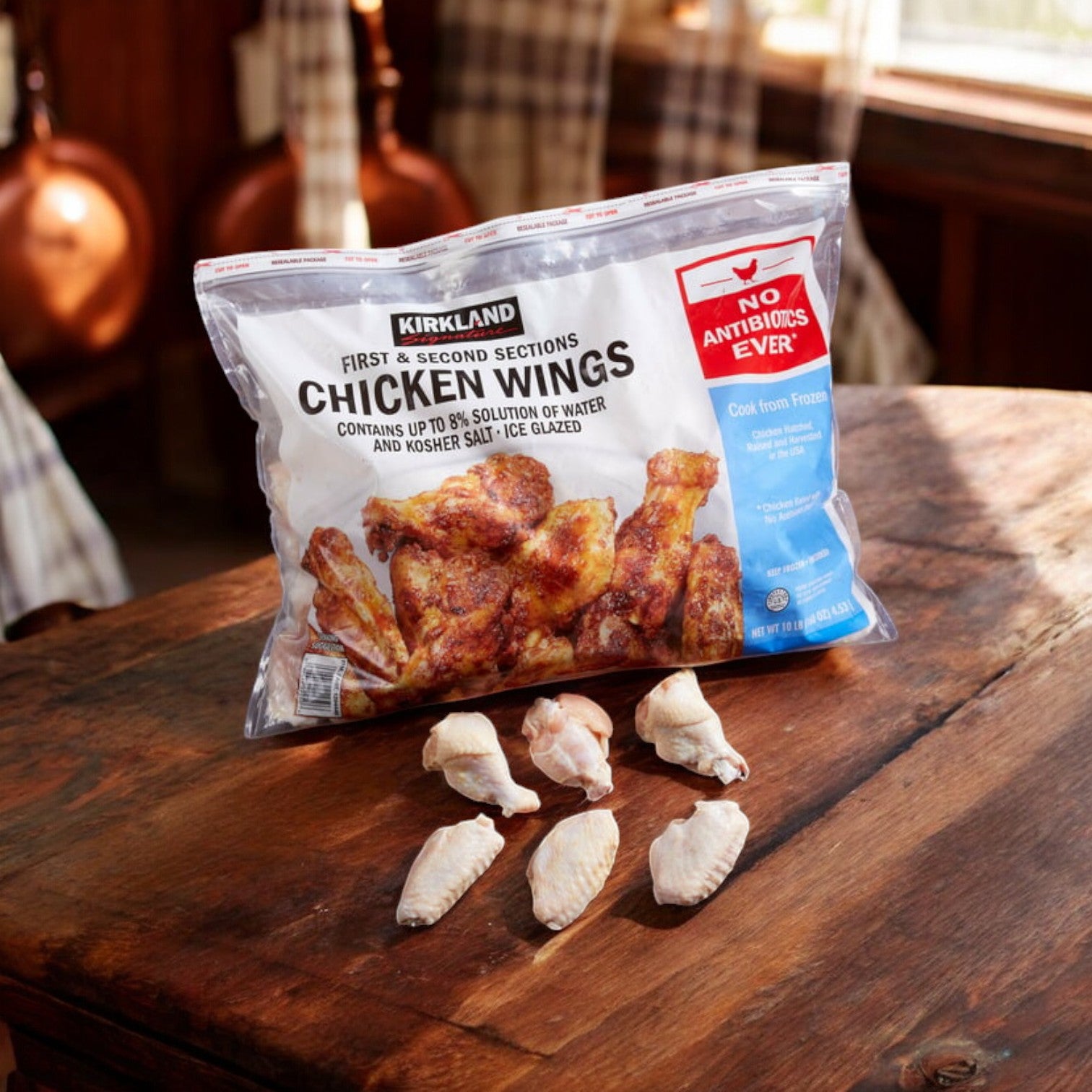 A bag of Easy Lunches Chicken Wings, Kirkland Signature-10 lbs. (from the 3-bag, 30-pound pack) sits on a wooden table with five raw party wings in front; kitchen background visible.