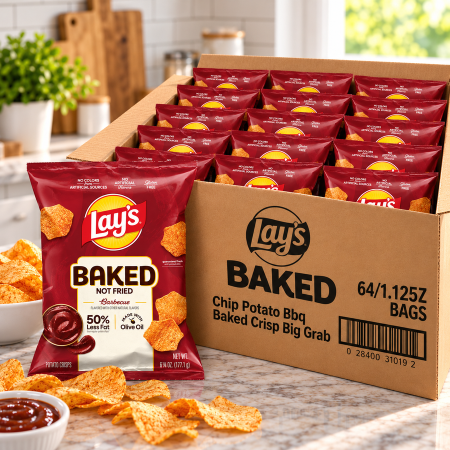 Lay's Baked Barbecue Potato Crisps – 64 × 1.125 oz Big Grab Bags (1 case)