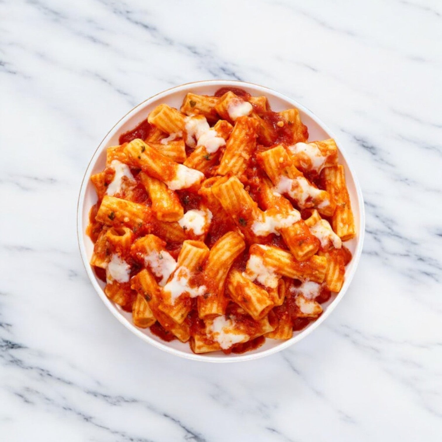 A bowl of Lean Cuisine Favorites Five Cheese Rigatoni, 10 oz. - 1 Count, with tomato sauce and melted cheese sits on a marble surface, ready to enjoy as a delicious microwaveable pasta meal.