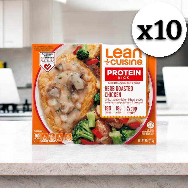 A package of Lean Cuisine Herb Roasted Chicken, 8 oz. - 1 Count sits on a kitchen counter. The image showcases the front label and highlights "x10" in a white circle at the top right. The packaging is similar in style to Lean Cuisine Alfredo Pasta, blending convenience with savory flavors.