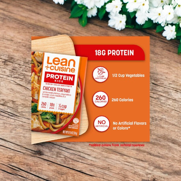 Close-up of a Lean Cuisine Noodle Bar Chicken Teriyaki Bowl, 8.5 oz., on a wooden surface, showcasing nutritional highlights: 18g protein, 260 calories, 1/2 cup vegetables, and no artificial flavors or colors.