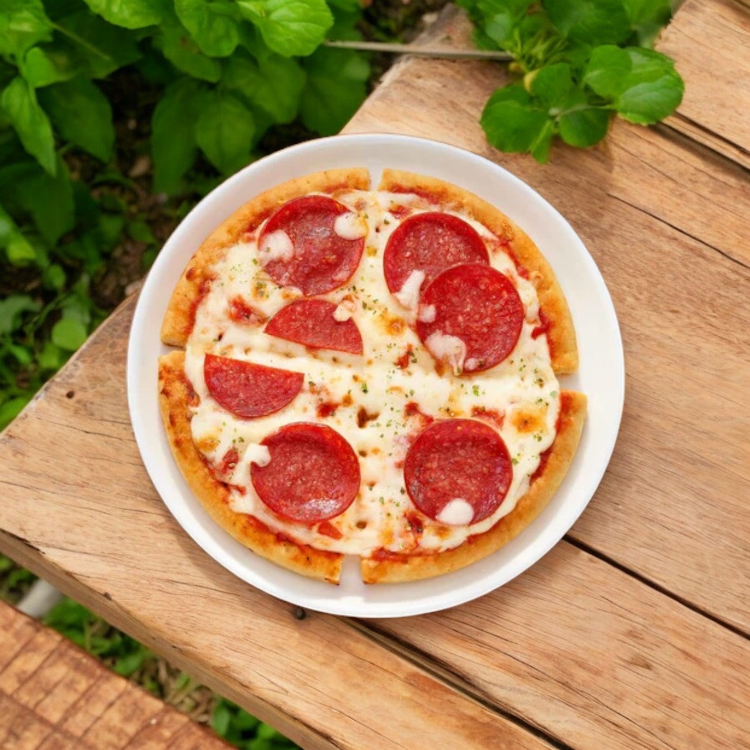 A Lean Cuisine Pepperoni pizza (6 oz., 1 count) from Lean Cuisine, cut into six slices, is served on a white plate and placed on a wooden table with green plants in the background.